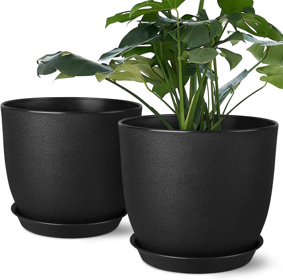 Pots 8 Inch Set of 2, Flower Pots with Multi Mesh Drainage Holes, Planters for Indoor Outdoor Garden Plants and Flowers (Black)