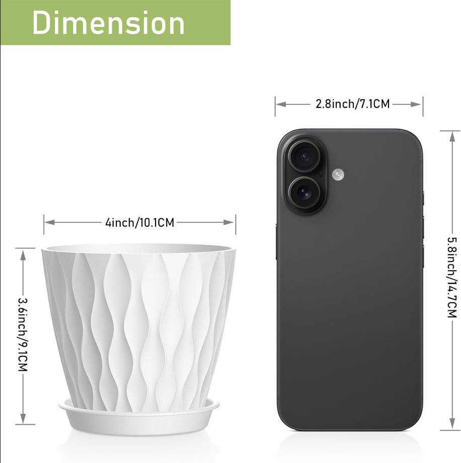 6 Pack 4 Inch Small Plant Pots with Saucers, 3D Textured Plastic Planters with Drainage Holes for Indoor and Outdoor Plants, Flowers, Herbs, Succulents, and Seedlings, White