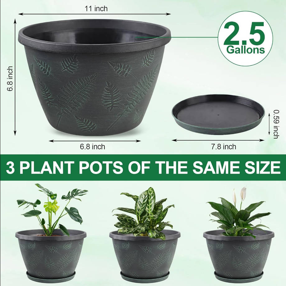 11 inch Plant Pot Set of 3, Plastic Flower Pots with Drainage Hole & Tray, Decorative Round Planters for Indoor Plants, Modern Outdoor Home Flowers Plants Garden Pots (Green)