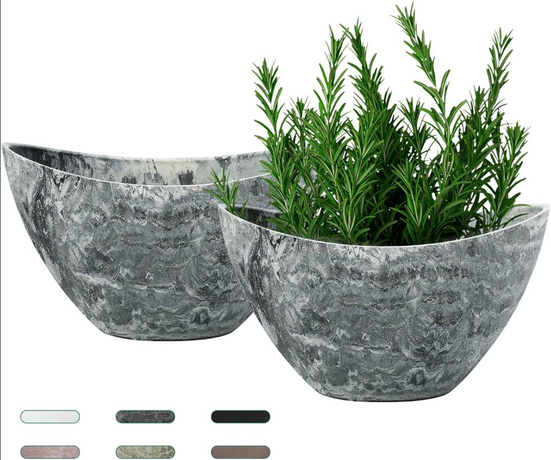 Plant Pots with Drainage Holes, 12 Inch Large Planters for Indoor Plants, Plastic Flower Pots Outdoor, 2 Pack, Marble Pattern Grey