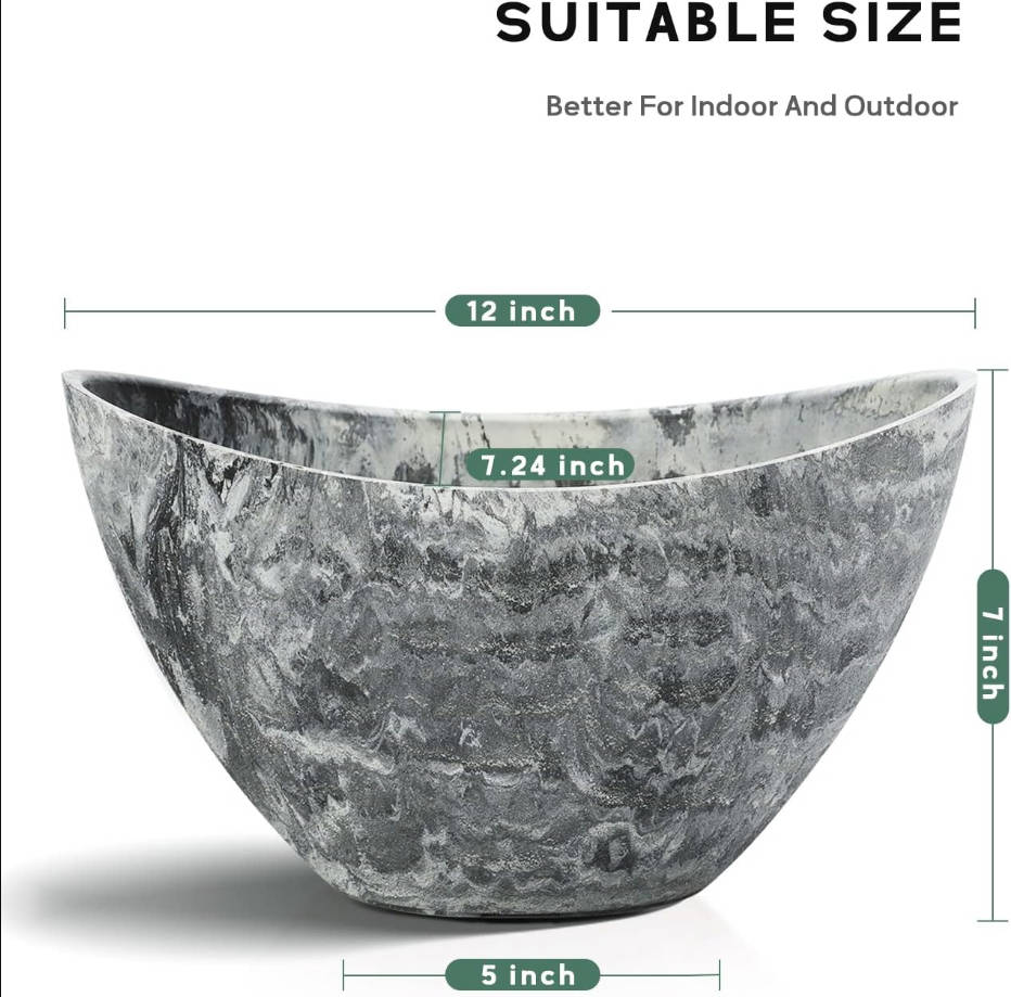 Plant Pots with Drainage Holes, 12 Inch Large Planters for Indoor Plants, Plastic Flower Pots Outdoor, 2 Pack, Marble Pattern Grey