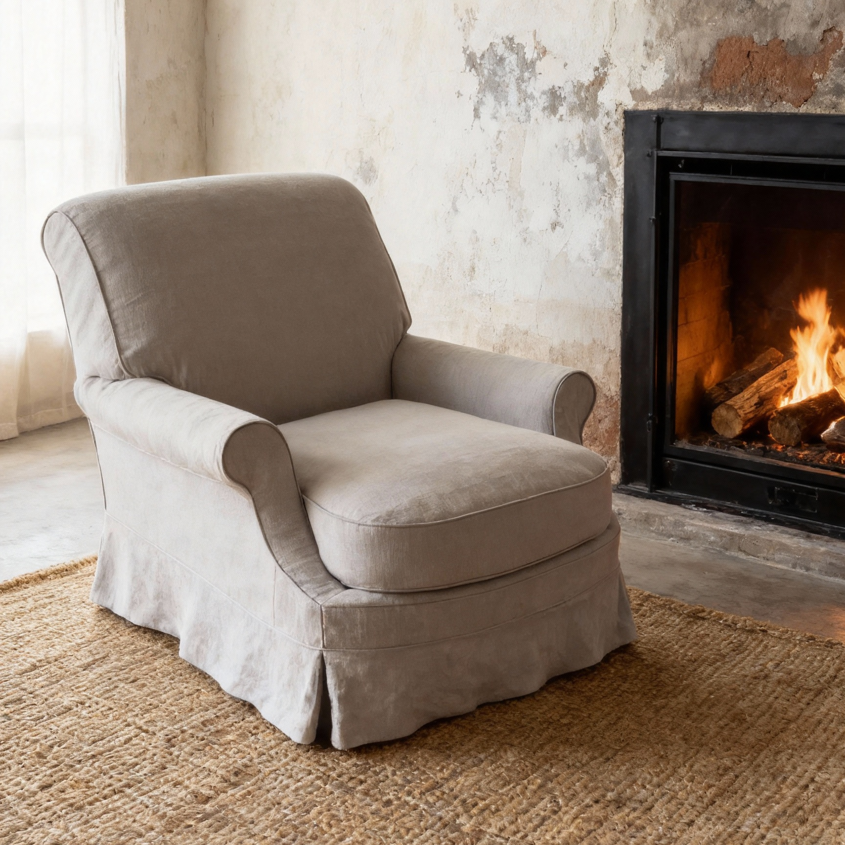 Claire Linen Slipcovered Rolled Armchair with Pouf