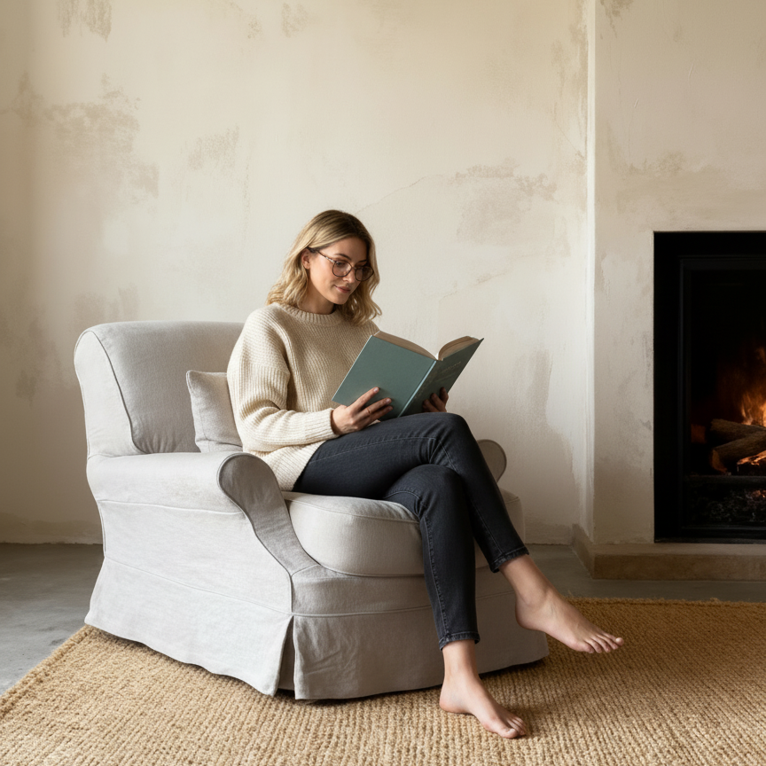 Claire Linen Slipcovered Rolled Armchair with Pouf