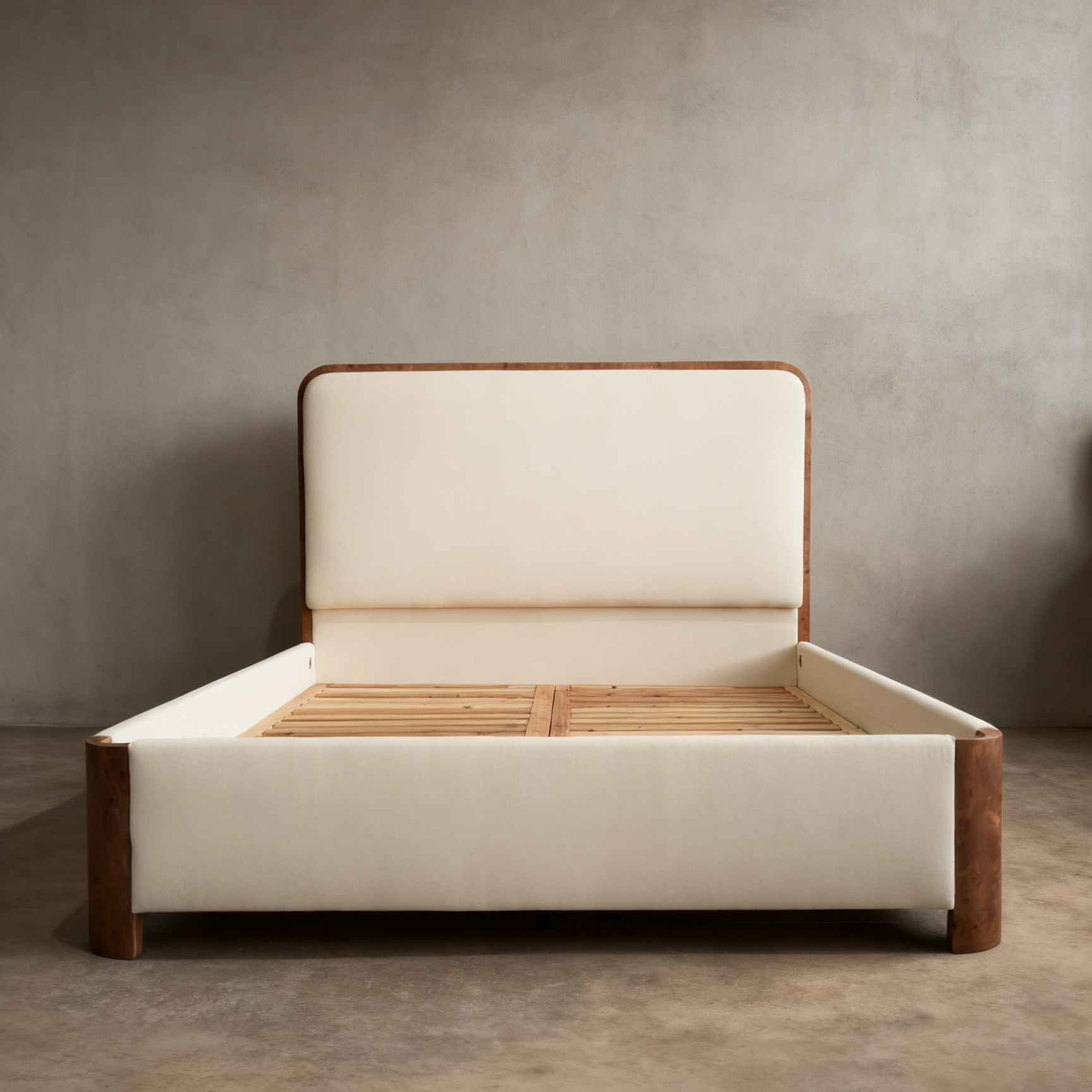 Mappa Burl Sculptural Bed with Floating Linen Headboard 