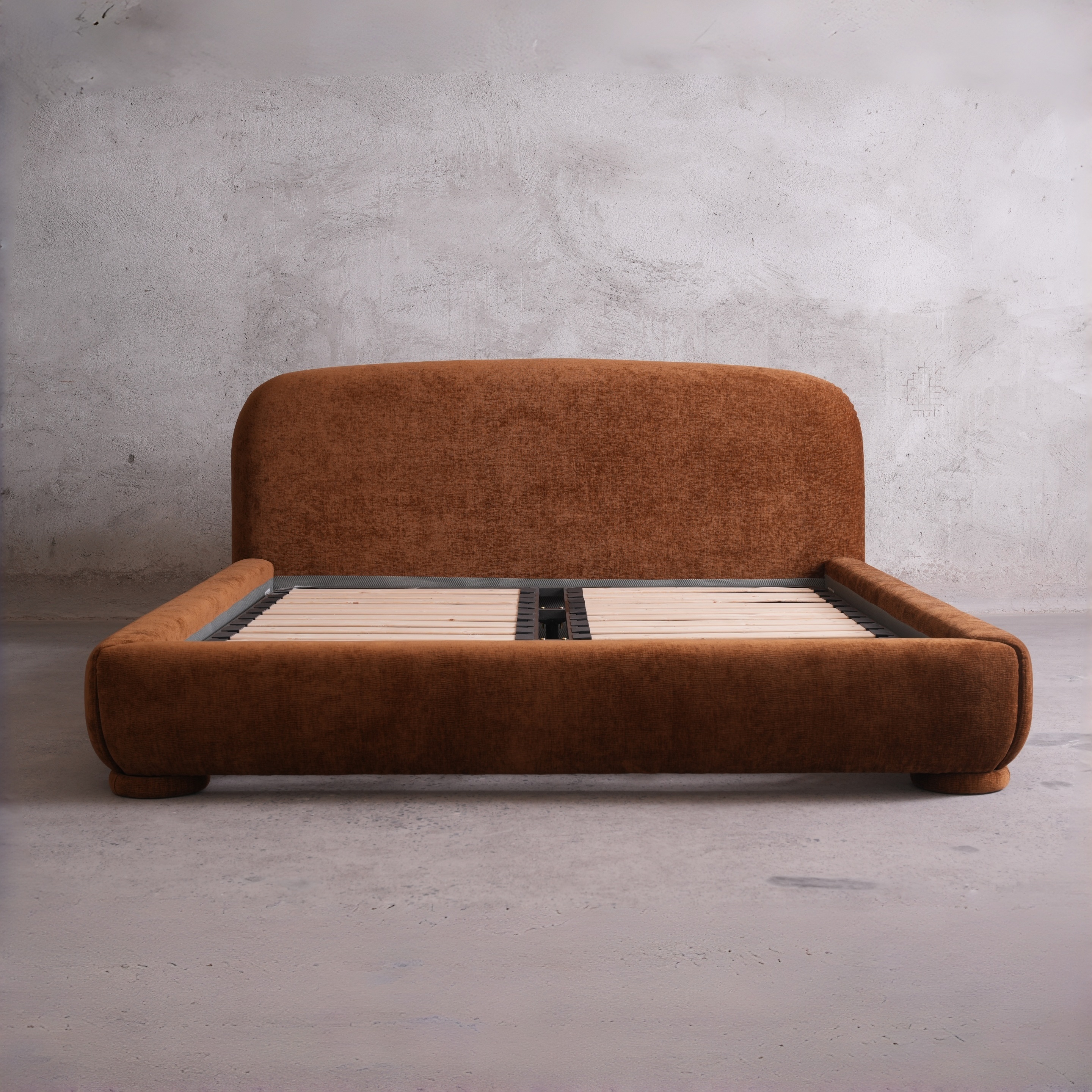 Nestle Bed Velvet Upholstery- 70s Inspired Curved Bed with Cloud-Like Bed Frame