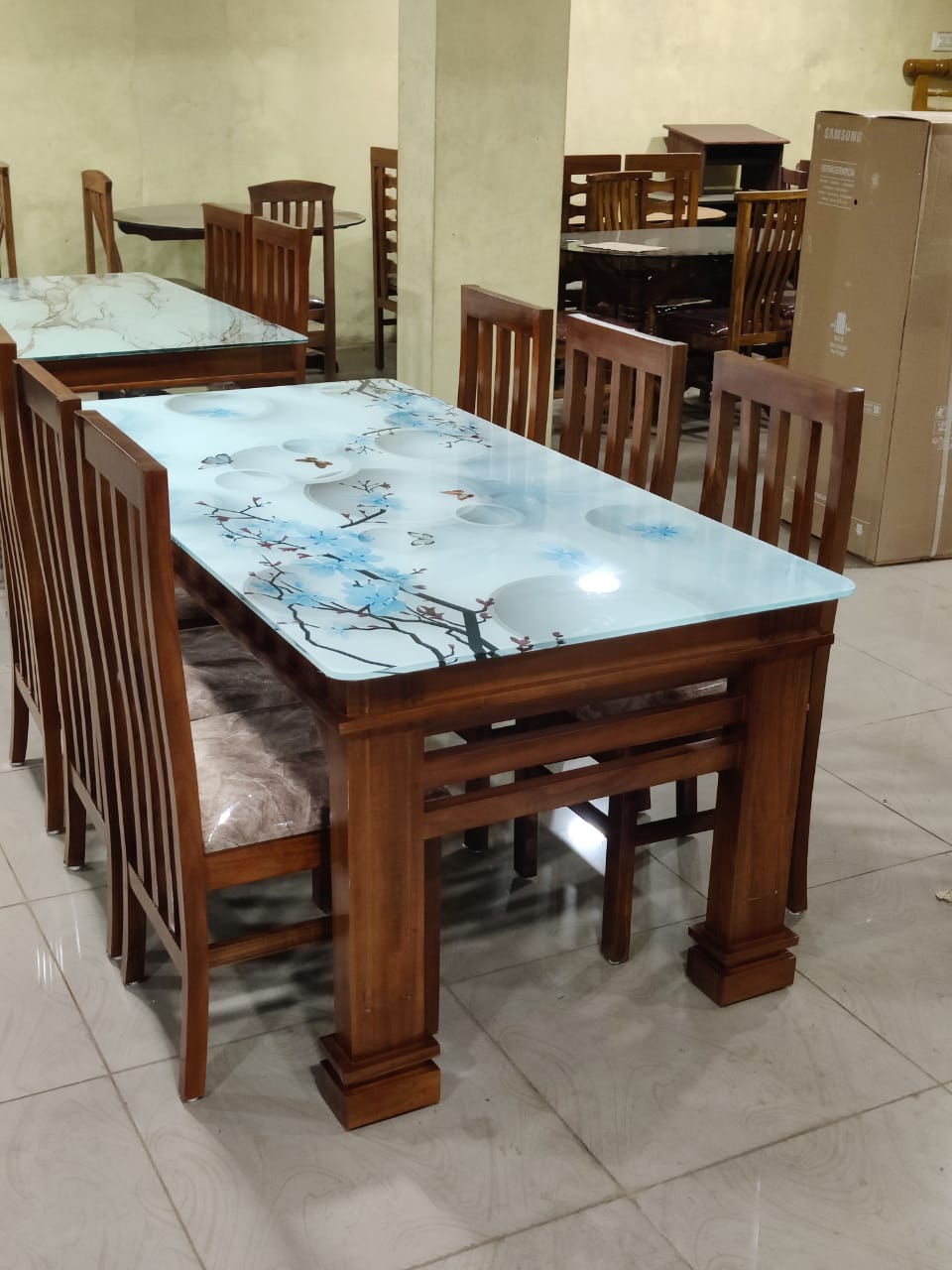 Wooden Dining Table Set with Glass Top