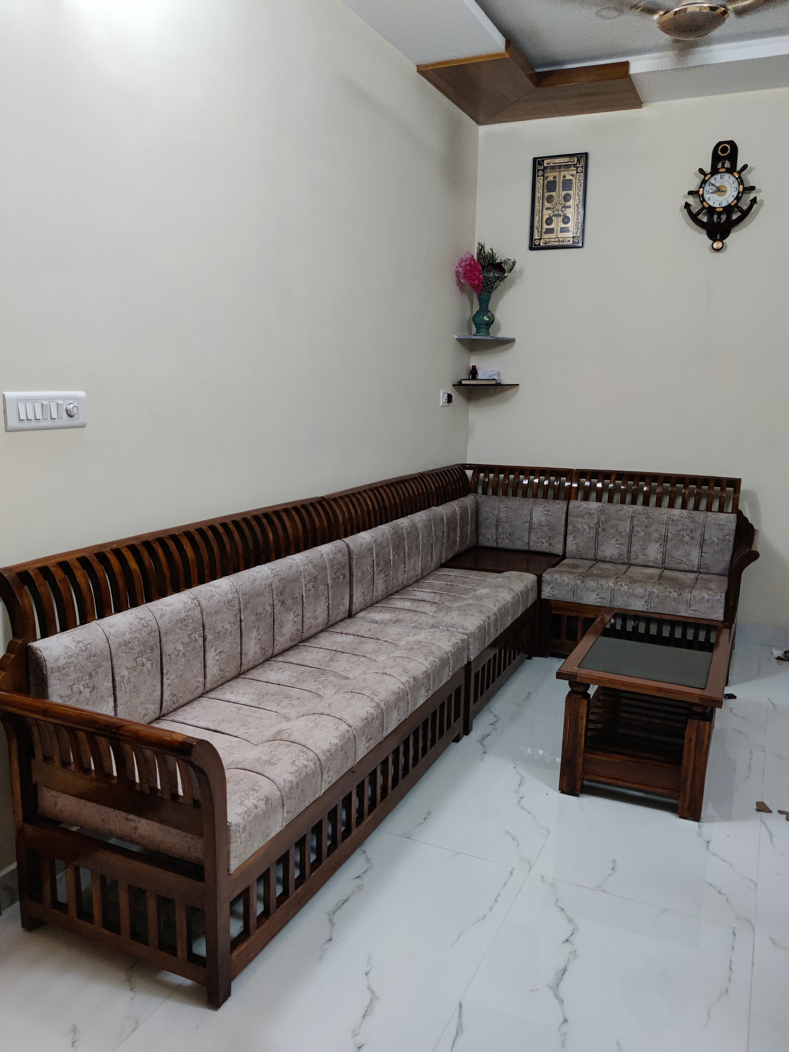 Wooden L-Shaped Sofa Set