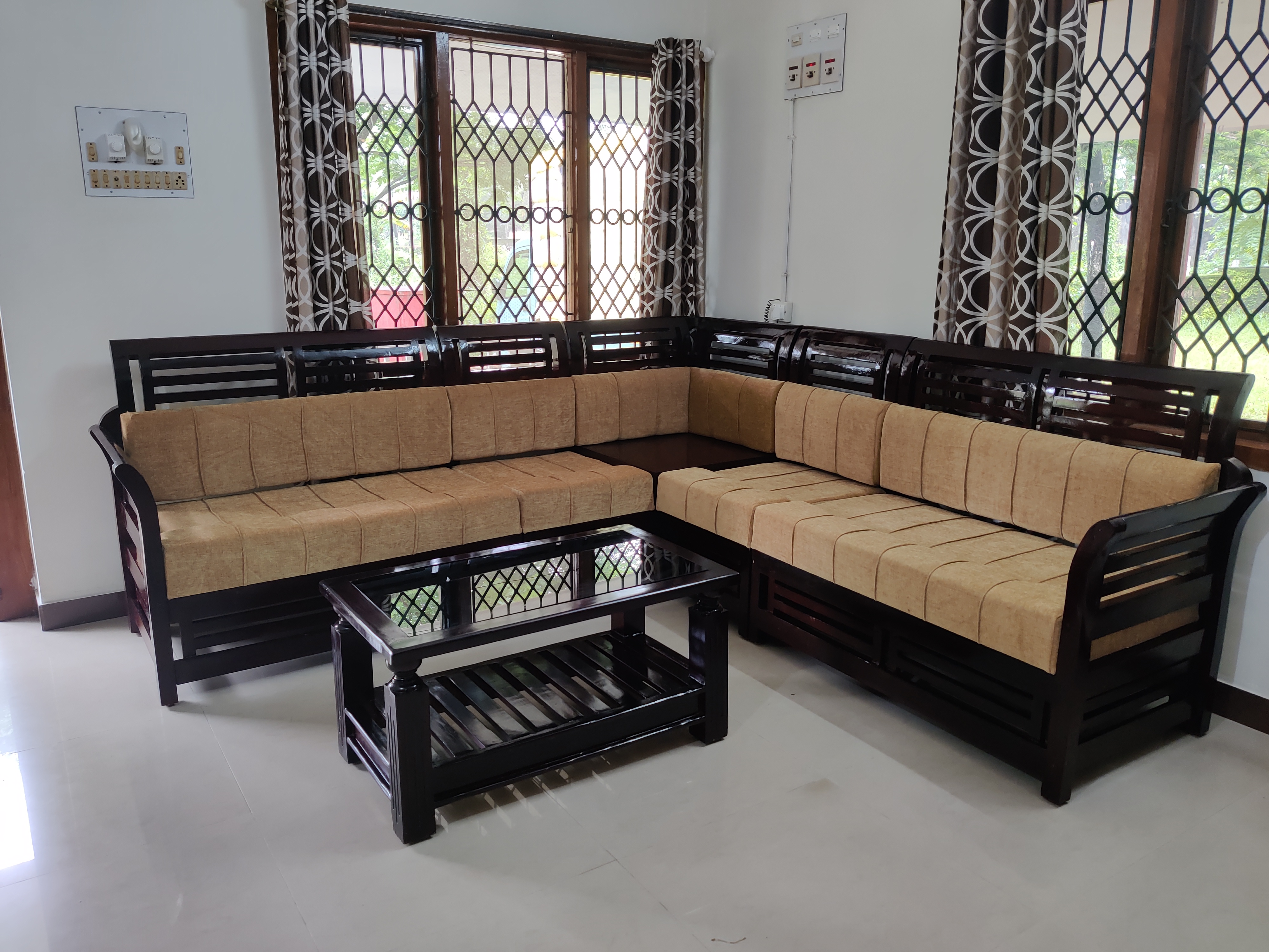 Wooden L-Shaped Sofa Set