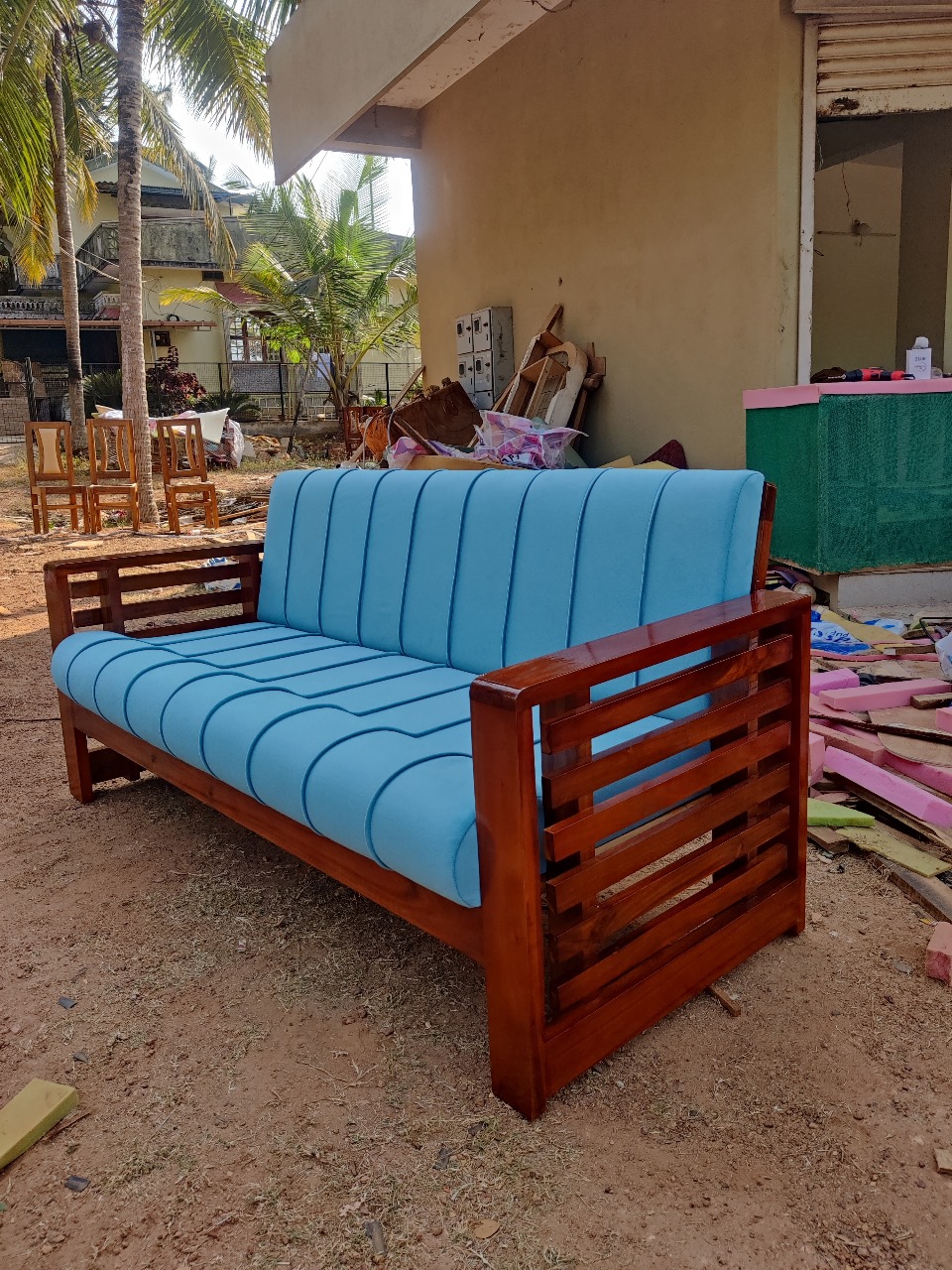 Modern Wooden Sofa with Blue Cushions