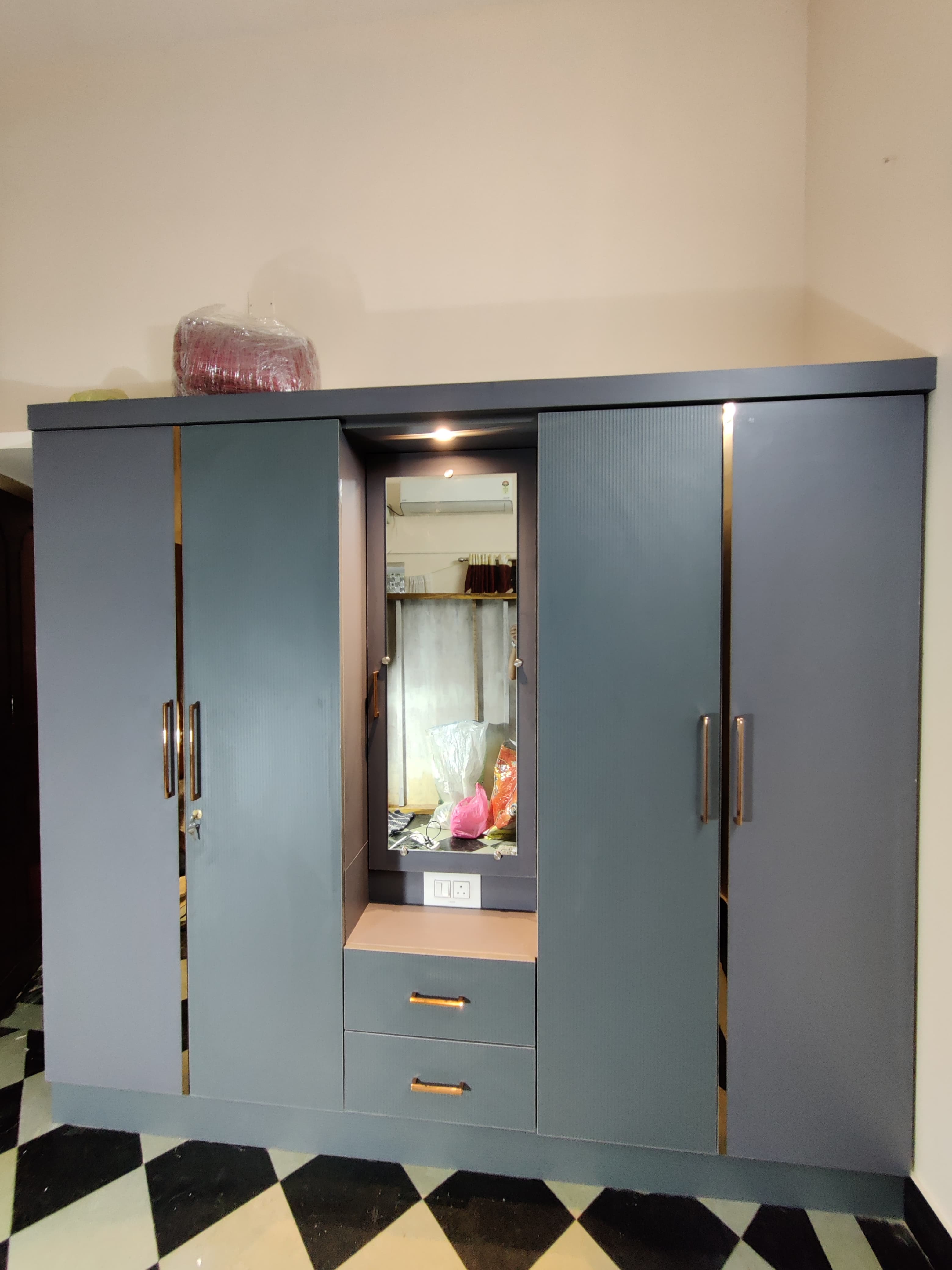 Modern Grey Wardrobe with Mirror