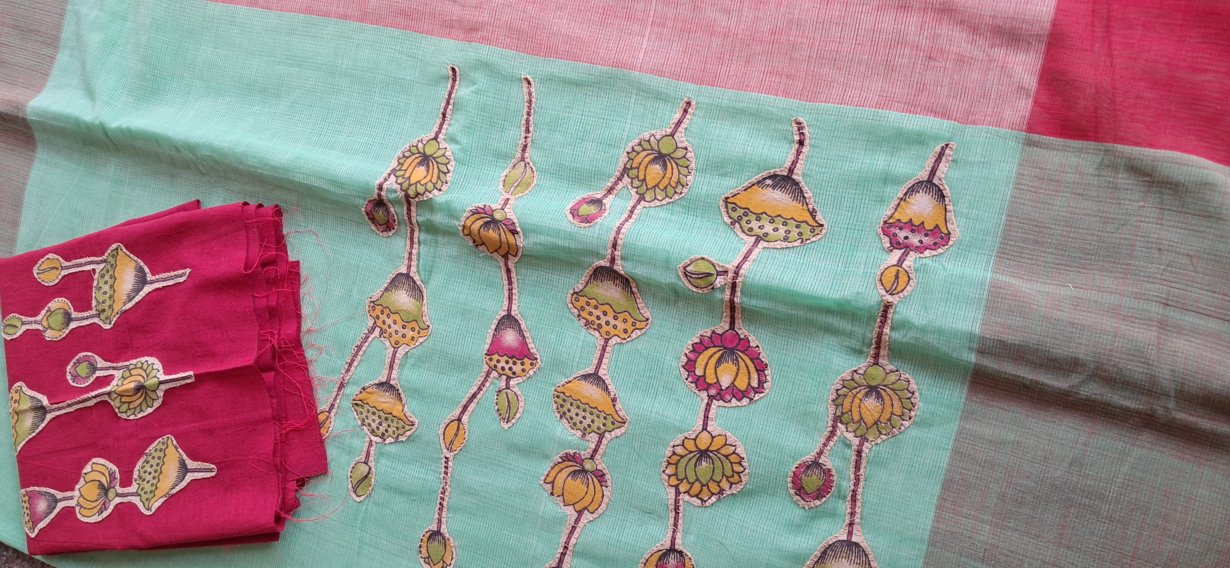 Hand Woven Cotton Applique work Saree with Blouse