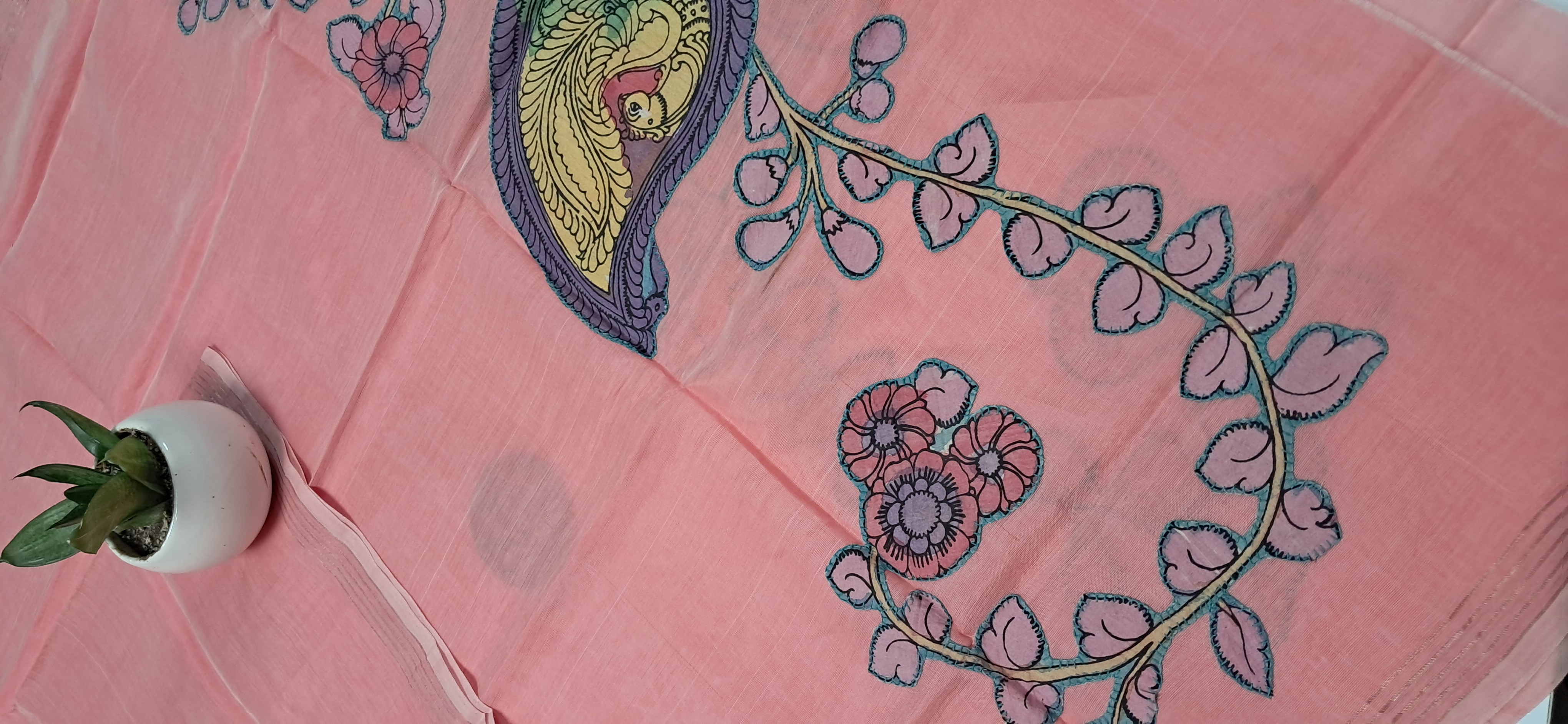 Hand Woven Penkalamkari Applique work Silk (Pattu)
