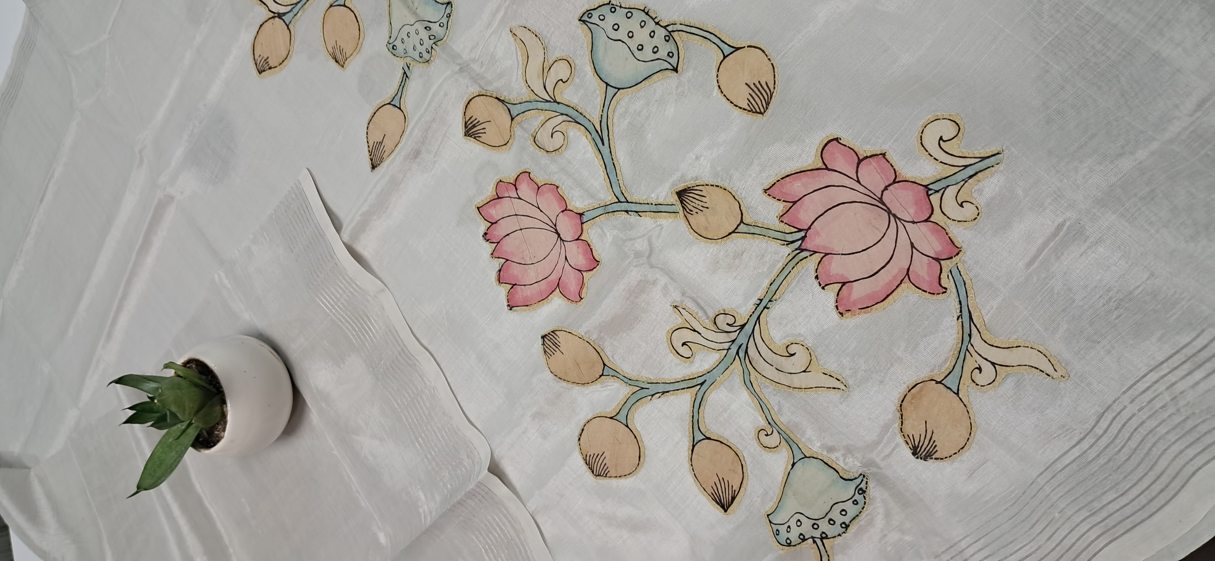 Hand Woven Penkalamkari Applique work Silk (Pattu) Duppata