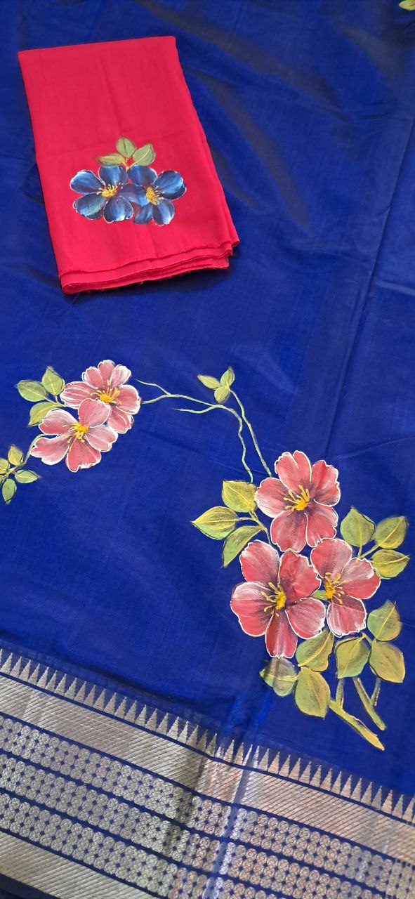 Hand Woven Hand Painted Silk (Pattu) Saree with Zari with Blouse