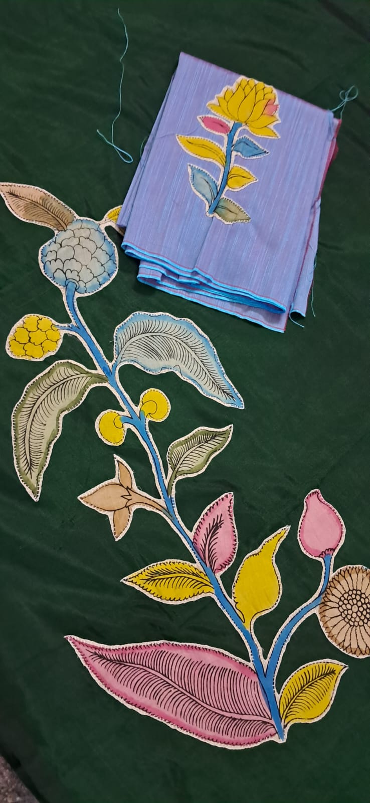 Hand Woven Penkalamkari Applique work Silk (Pattu) Saree with Blouse