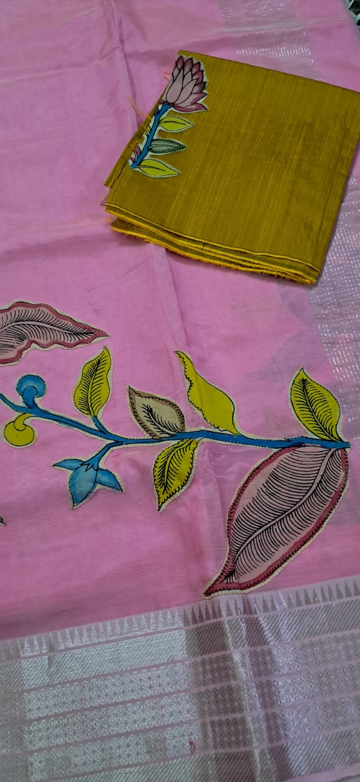 Hand Woven Penkalamkari Applique work Silk (Pattu) Saree with Zari with Blouse