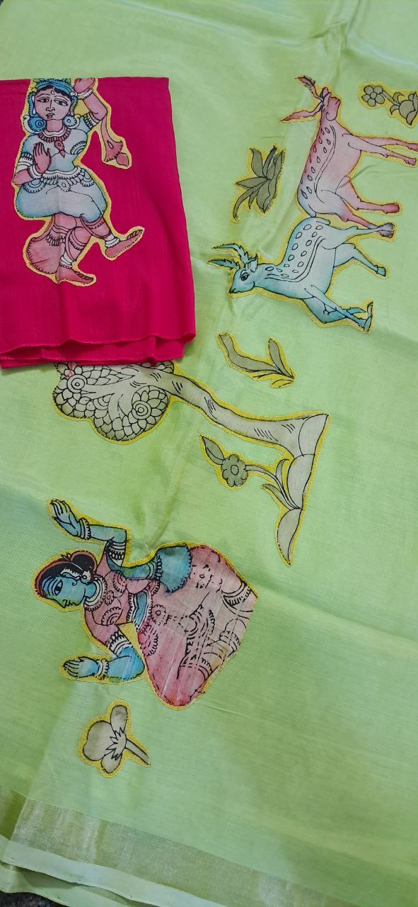 Hand Woven Penkalamkari Applique work Silk (Pattu) Saree with Blouse