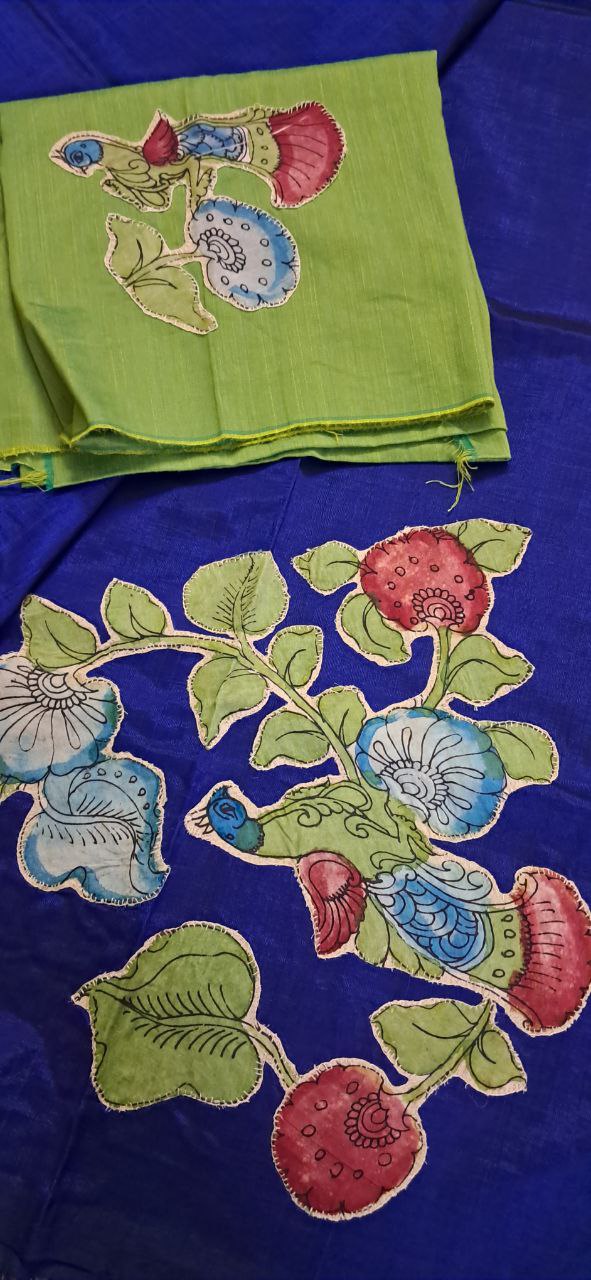 Hand Woven Penkalamkari Applique work Silk (Pattu) Saree with Blouse