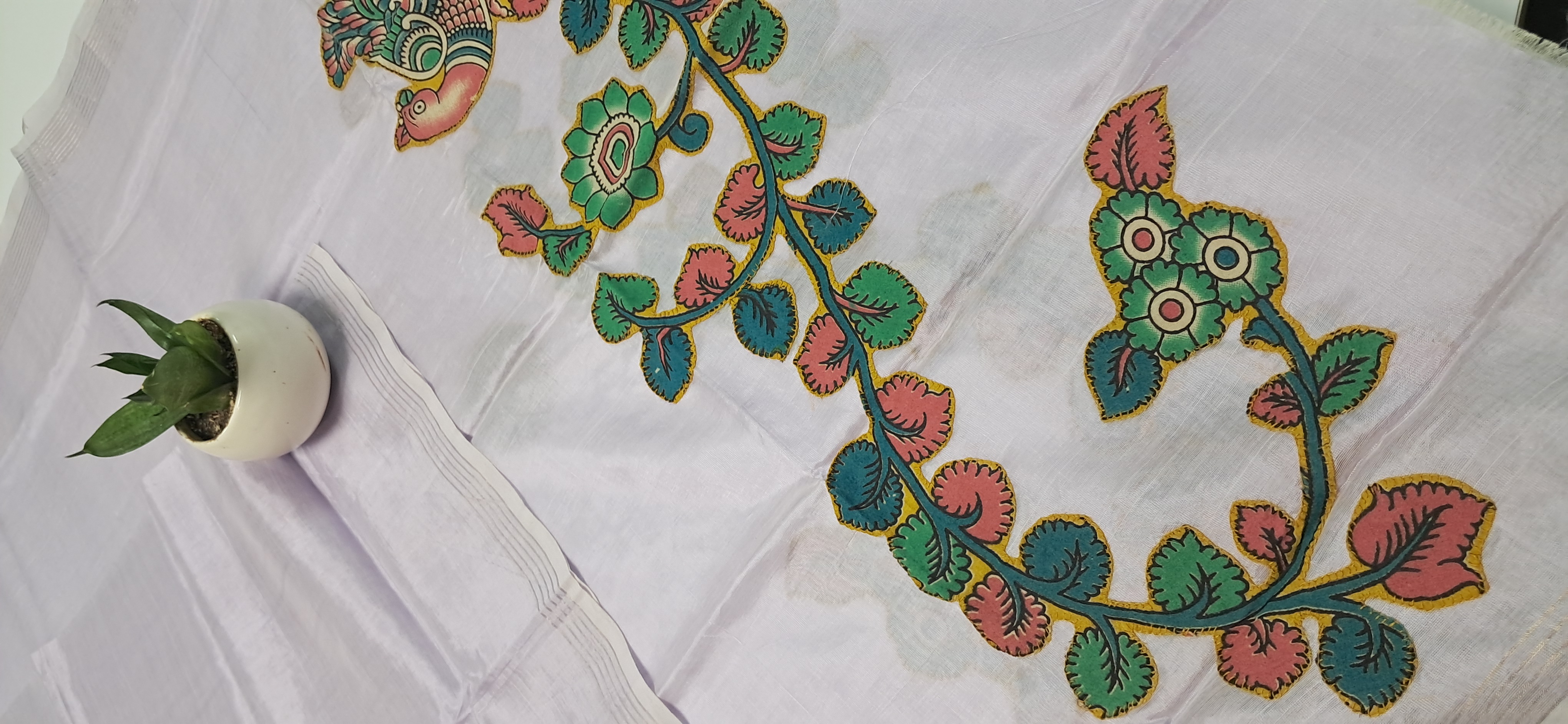 Hand Woven Penkalamkari Applique work Silk (Pattu) Duppata