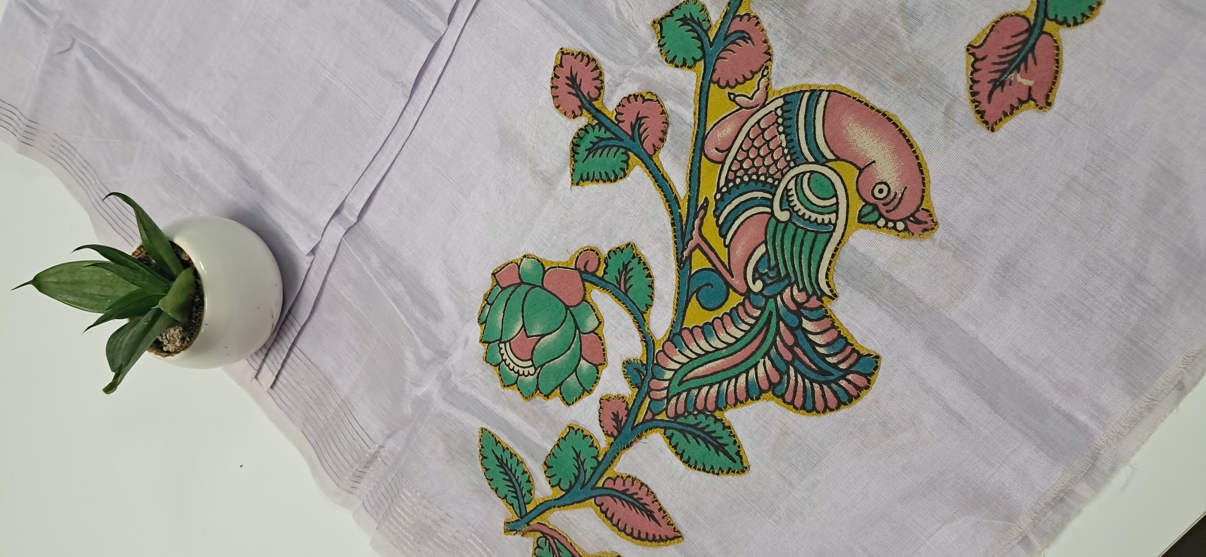 Hand Woven Penkalamkari Applique work Silk (Pattu) Duppata