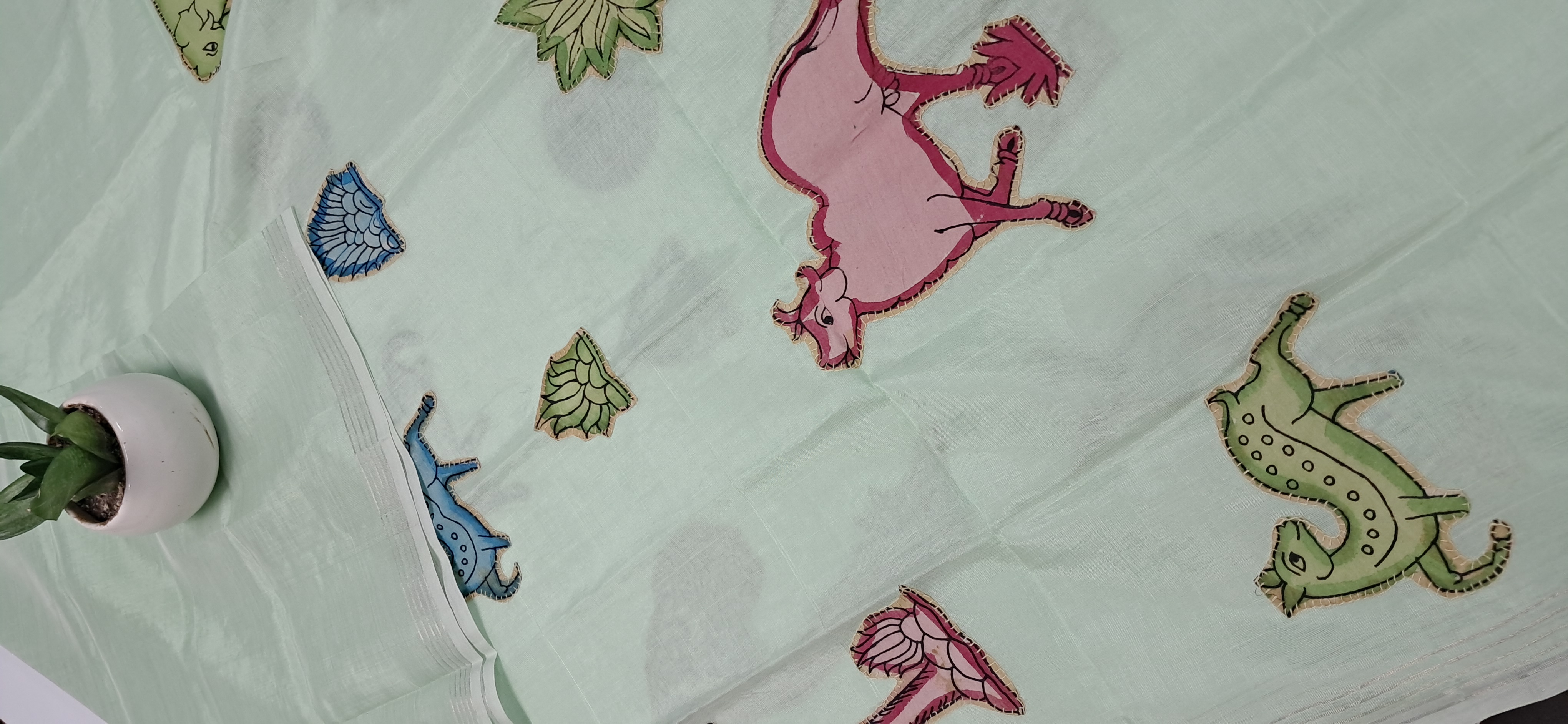 Hand Woven Penkalamkari Applique work Silk (Pattu) Duppata