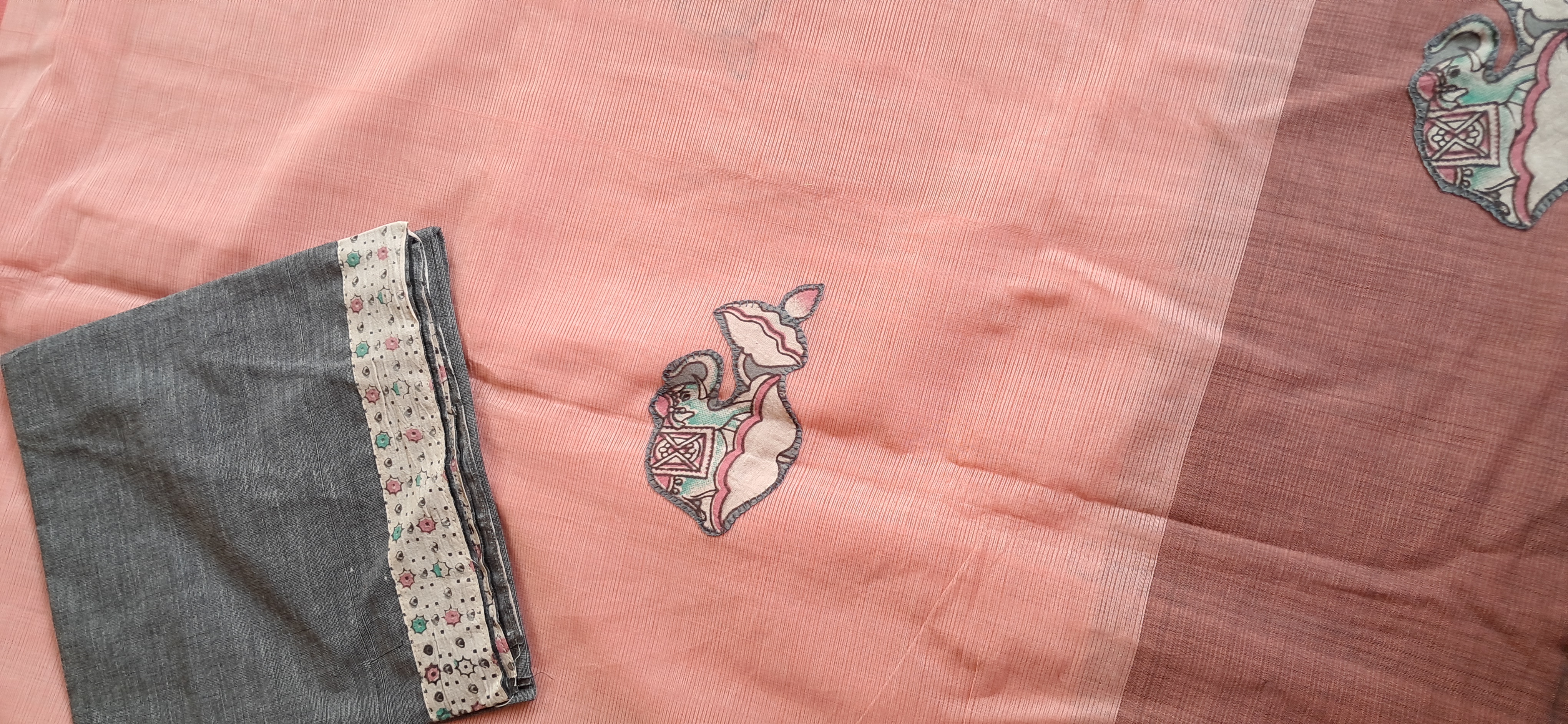 Hand Woven Cotton Applique work Saree with Blouse