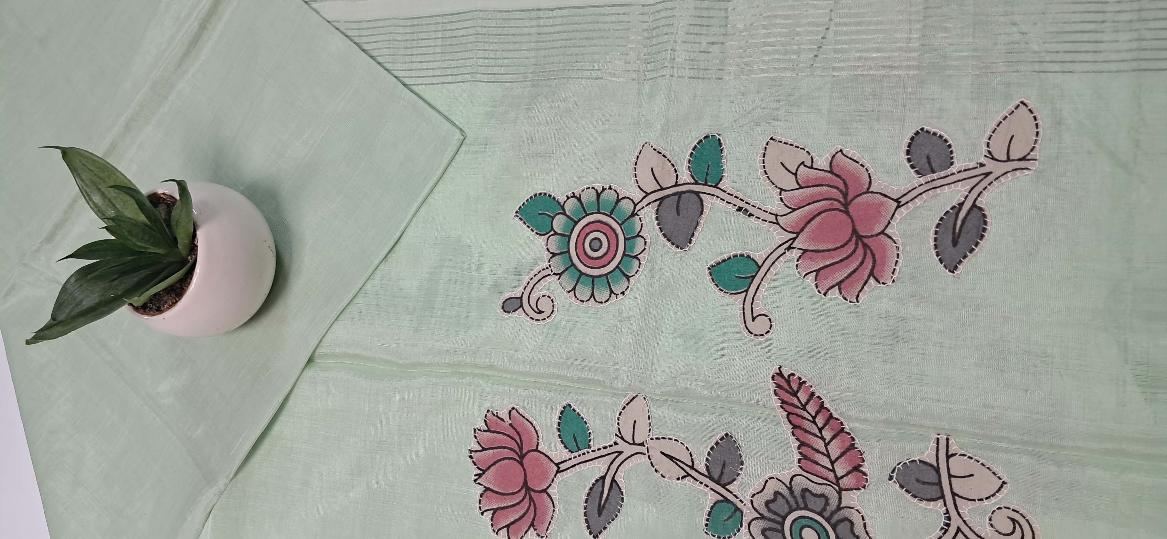 Hand Woven Penkalamkari Applique work Silk (Pattu) Duppata