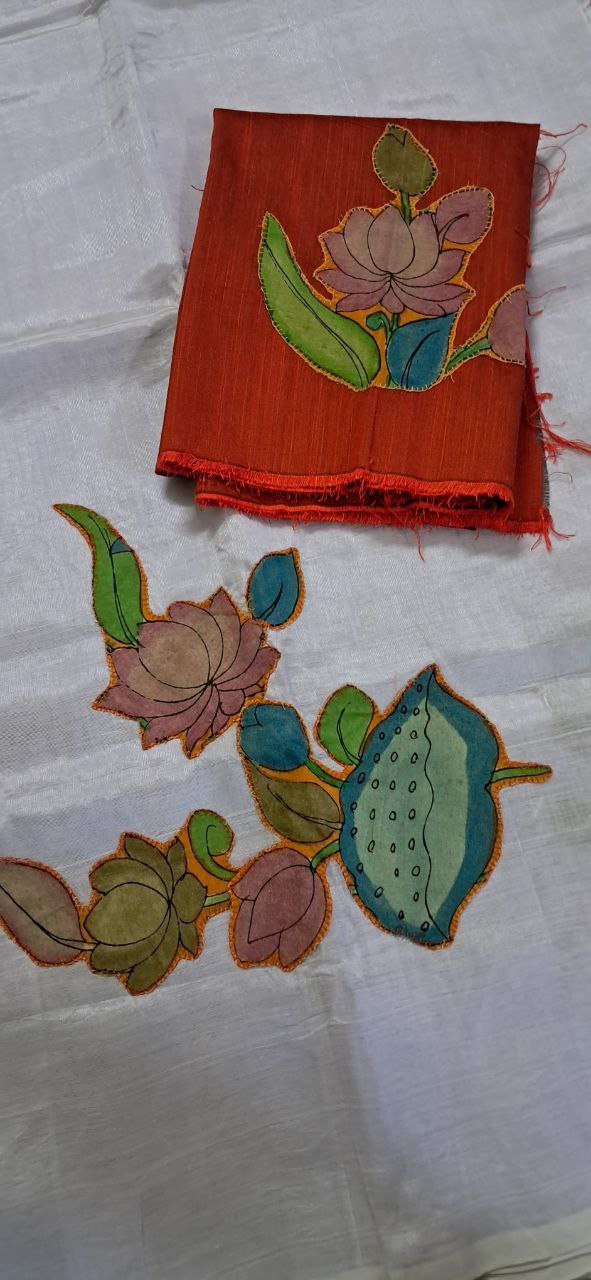 Hand Woven Penkalamkari Applique work Silk (Pattu) Saree with Blouse