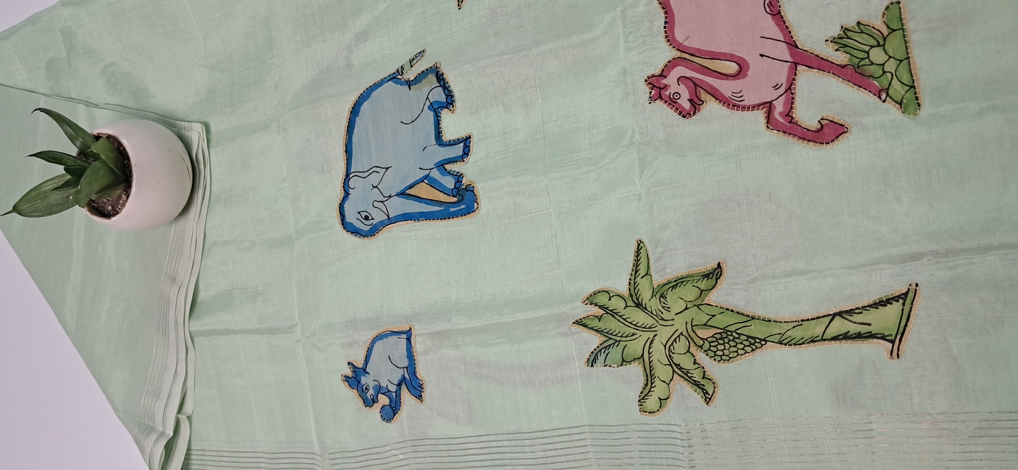 Hand Woven Penkalamkari Applique work Silk (Pattu) Duppata