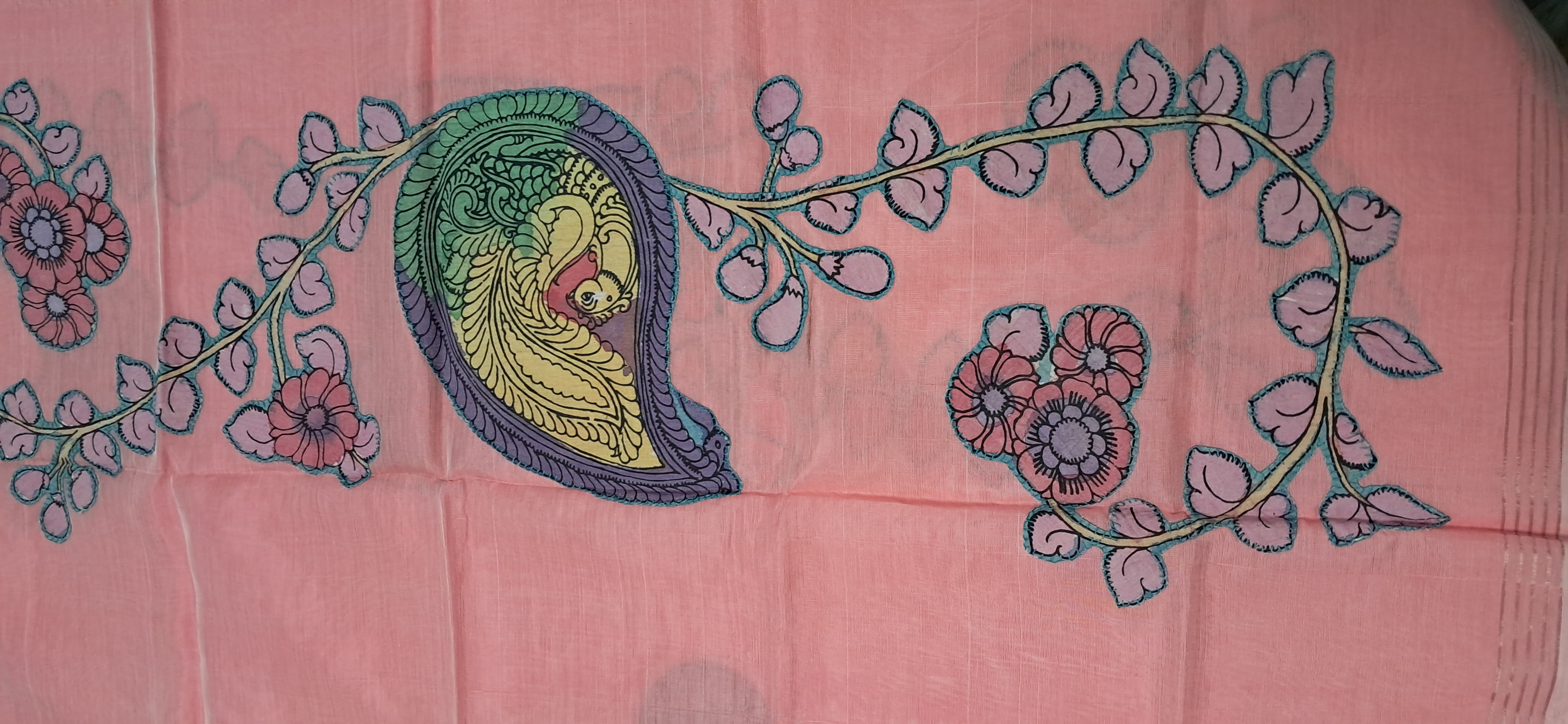 Hand Woven Penkalamkari Applique work Silk (Pattu)