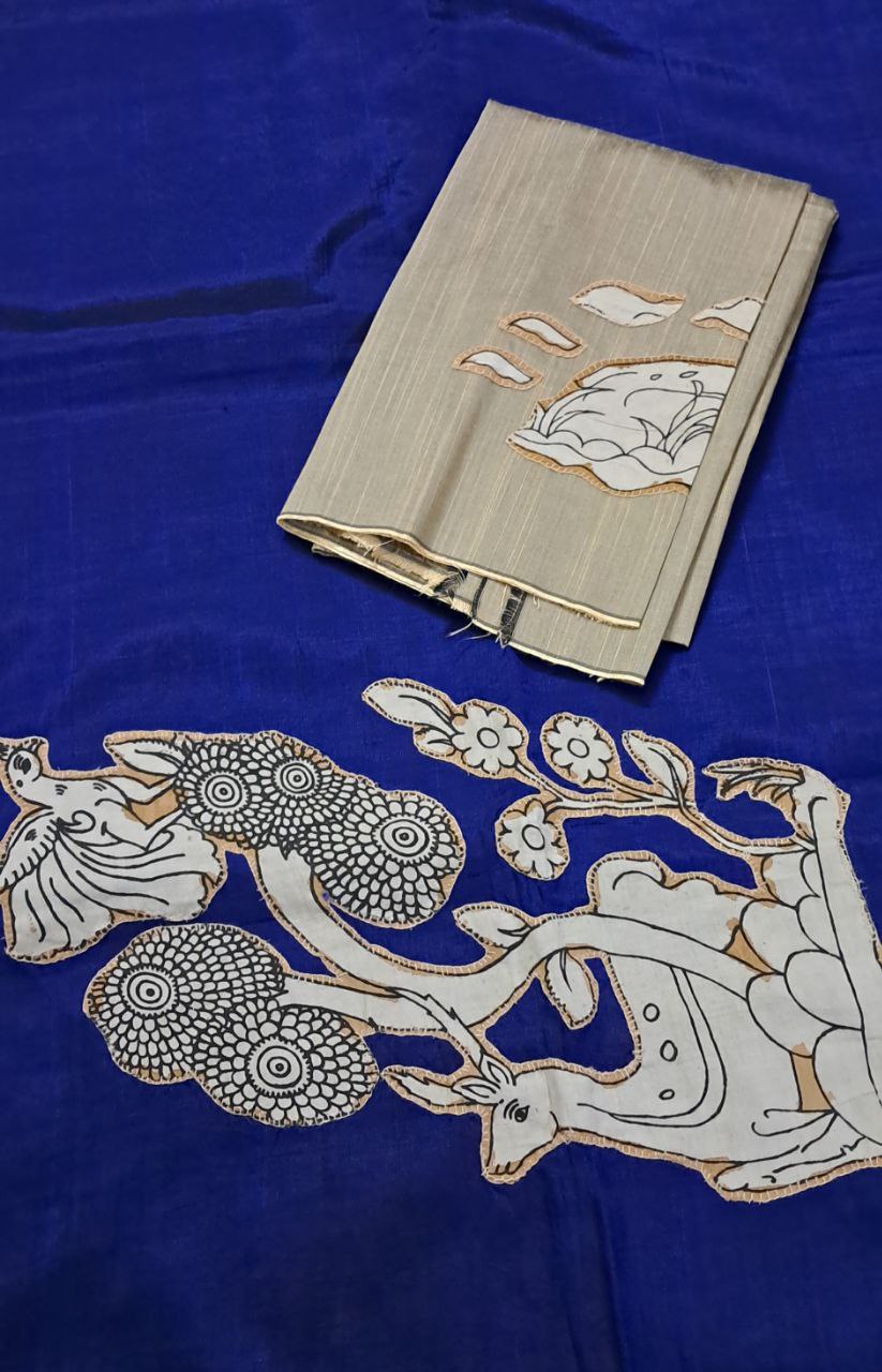 Hand Woven Penkalamkari Applique work Silk (Pattu) Saree with Blouse