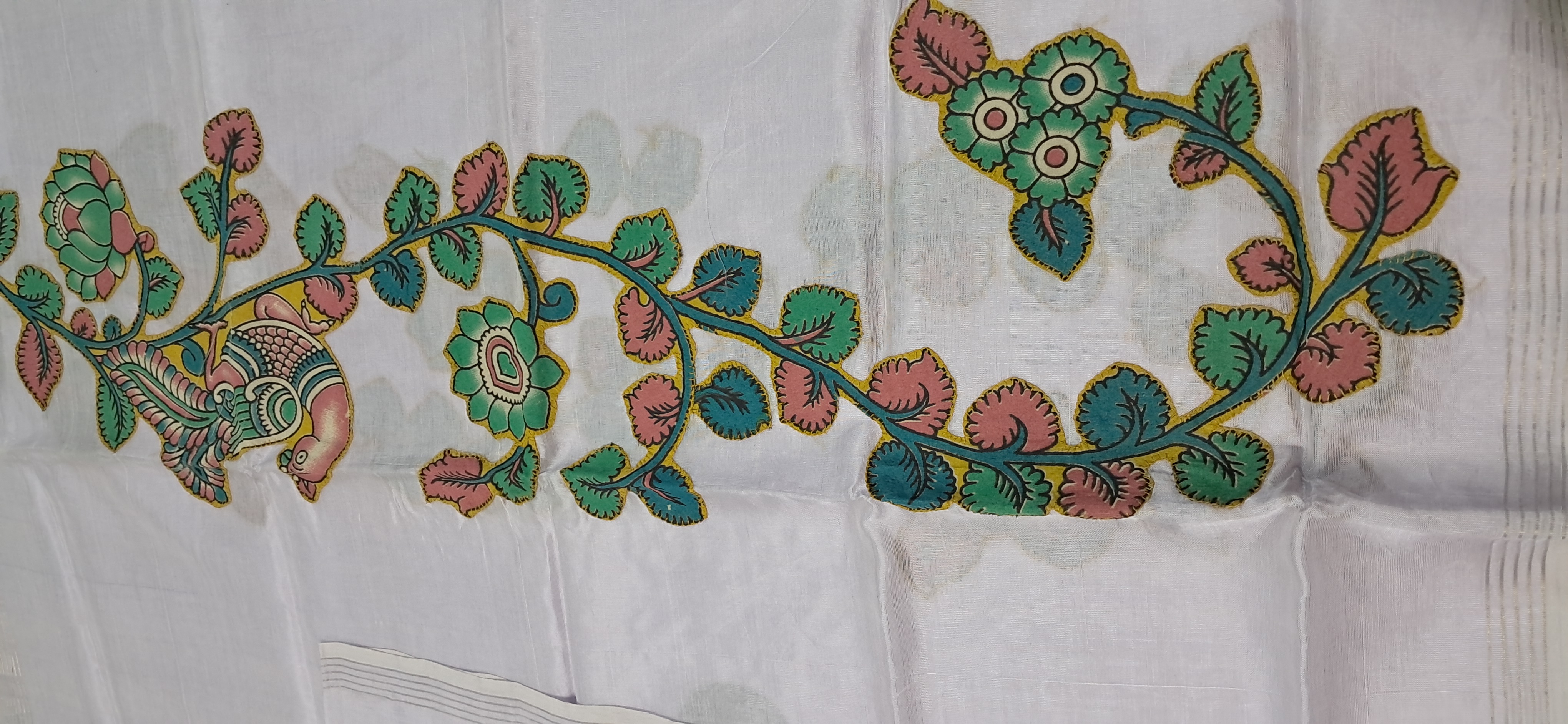 Hand Woven Penkalamkari Applique work Silk (Pattu) Duppata