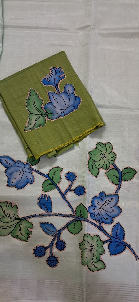 Hand Woven Penkalamkari Applique work Silk (Pattu) Saree with Blouse