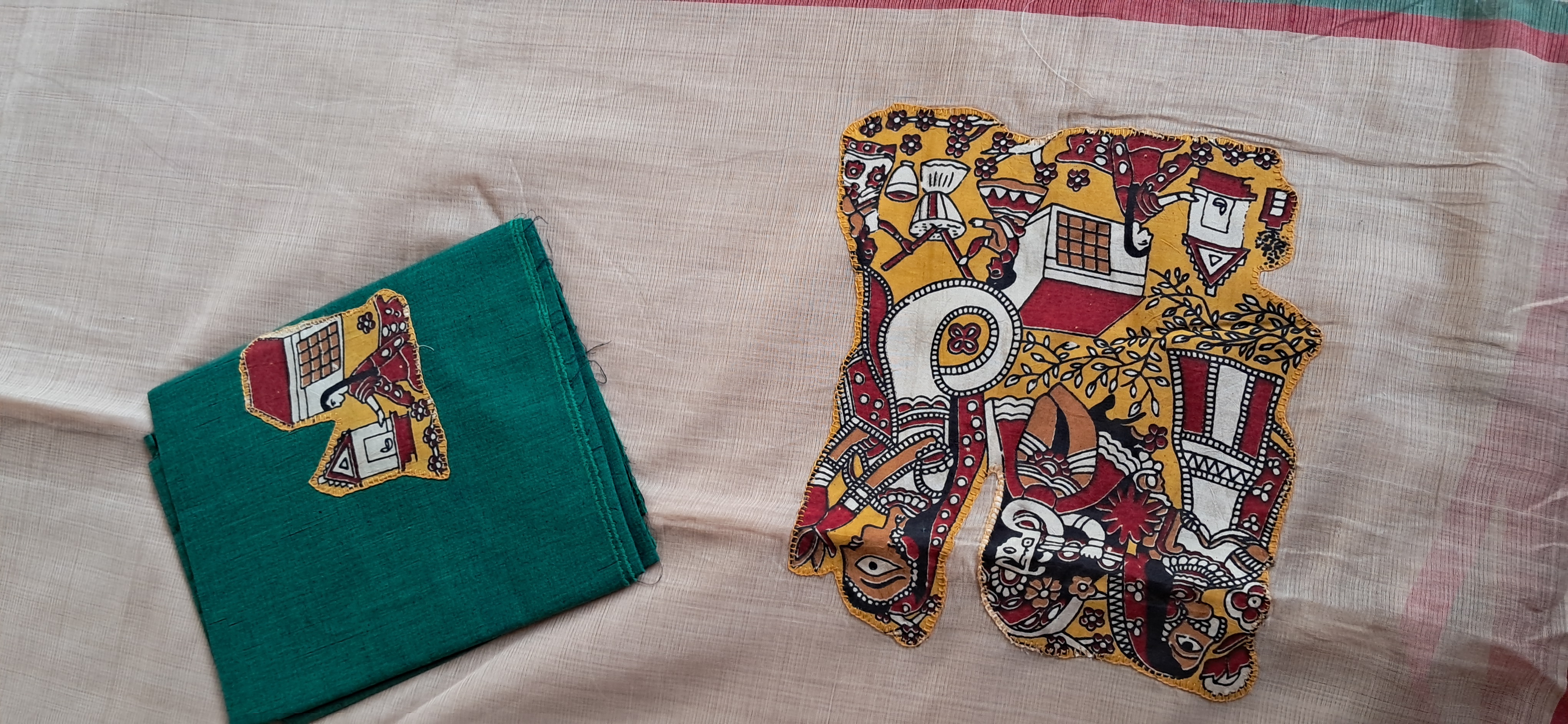 Hand Woven Cotton Applique work Saree with Blouse