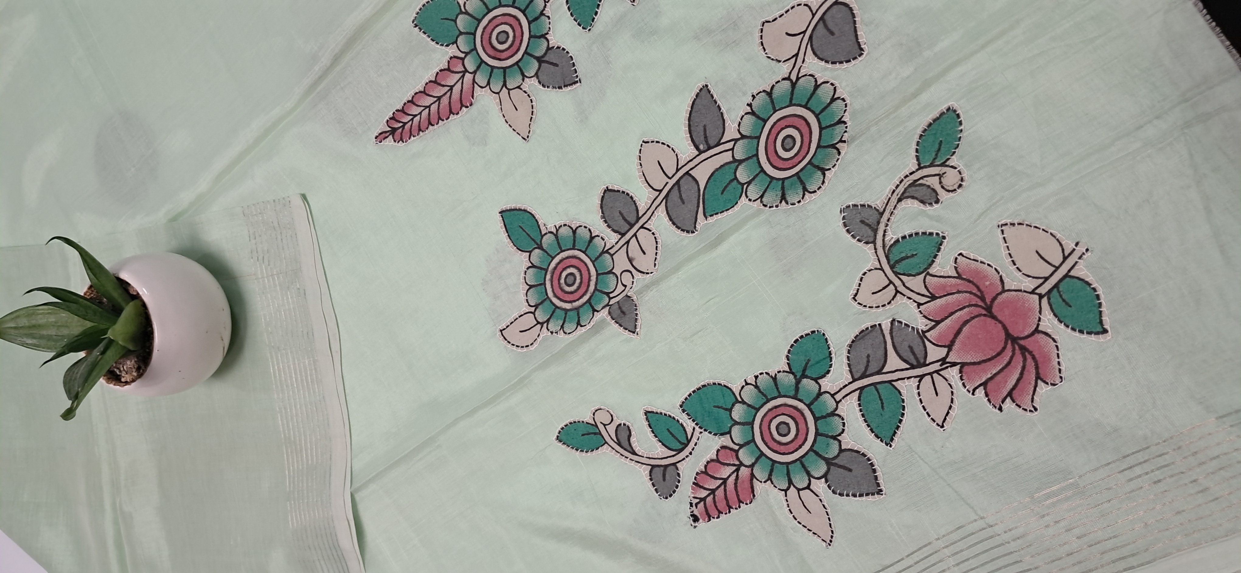 Hand Woven Penkalamkari Applique work Silk (Pattu) Duppata