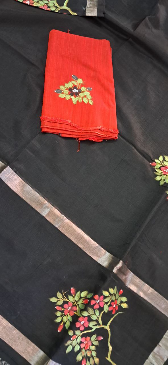 Hand Woven Hand Painted Silk (Pattu) Saree with Zari Gap boarder with Blouse