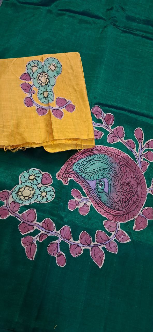 Hand Woven Penkalamkari Applique work Silk (Pattu) Saree with Blouse