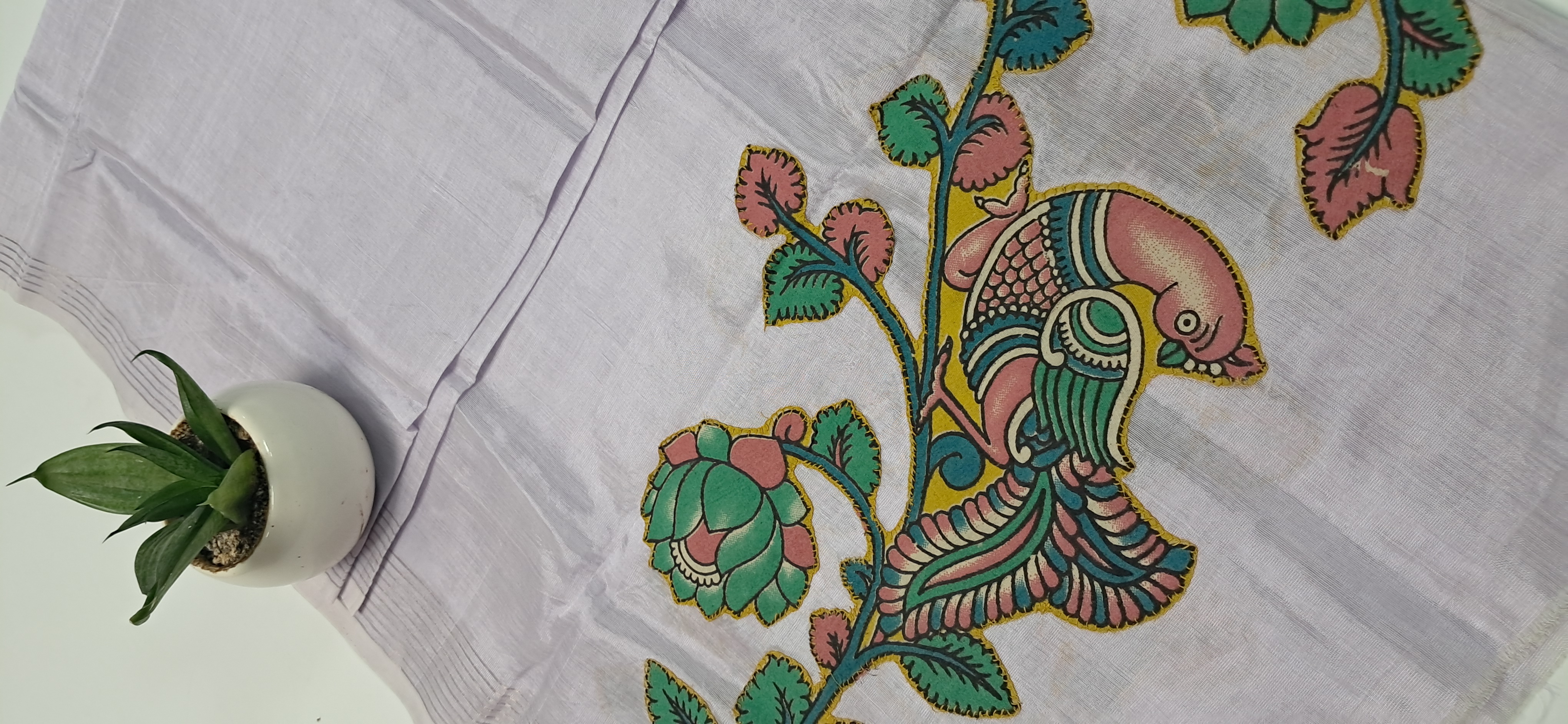 Hand Woven Penkalamkari Applique work Silk (Pattu) Duppata