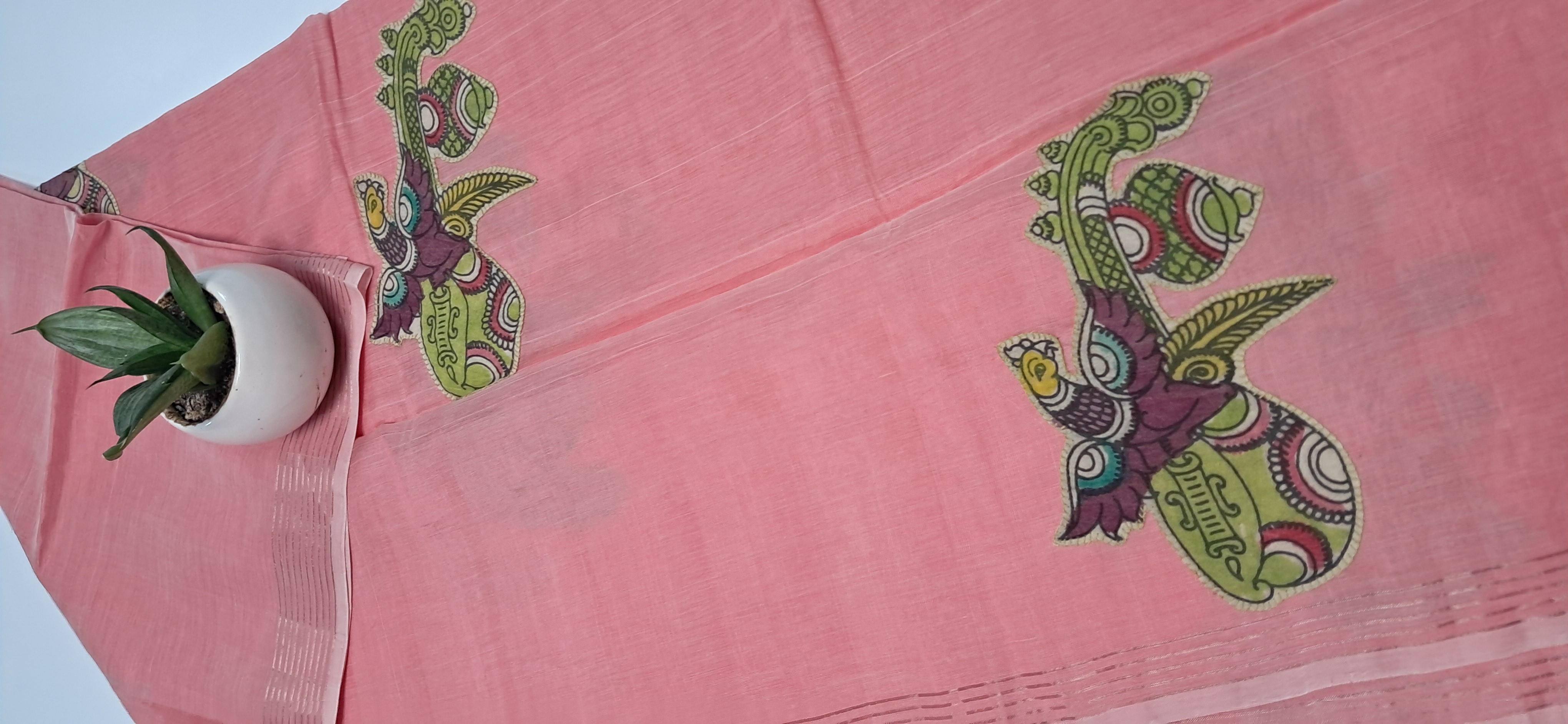 Hand Woven Penkalamkari Applique work Silk (Pattu) Duppata