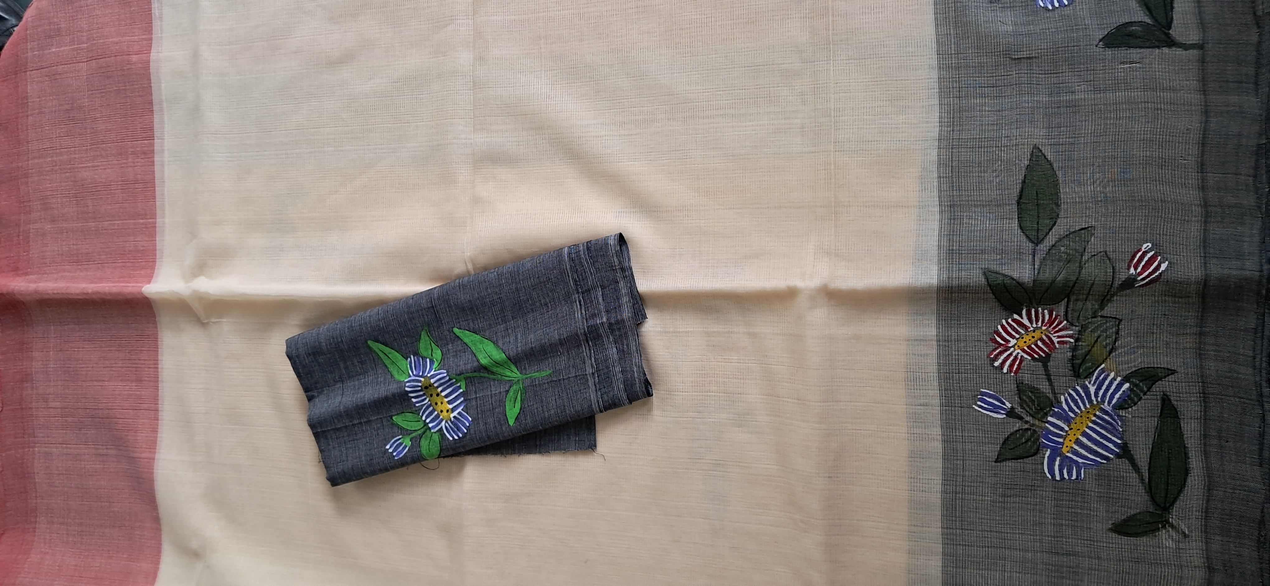 we have painted bunches in the border of the Saree. For Blouse we have painted small bunches on hands.