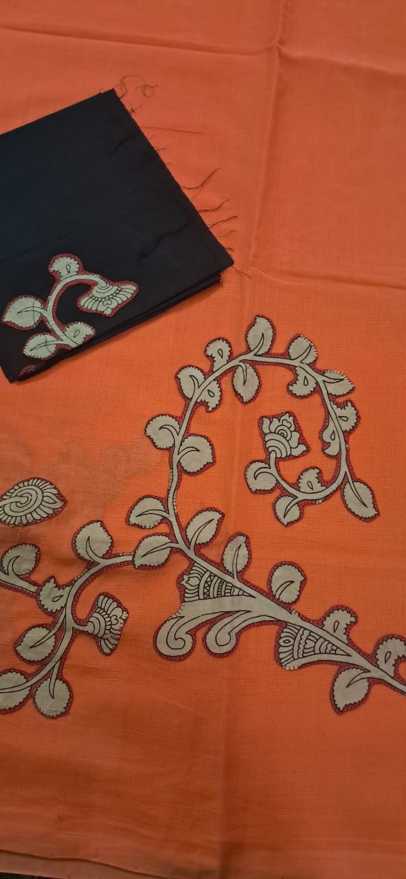 Hand Woven Cotton Applique work Saree with Blouse