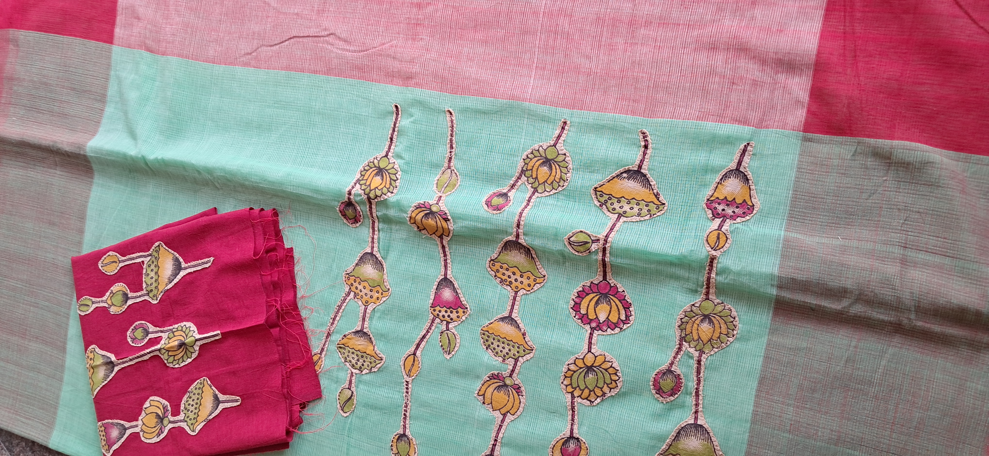 Hand Woven Cotton Applique work Saree with Blouse