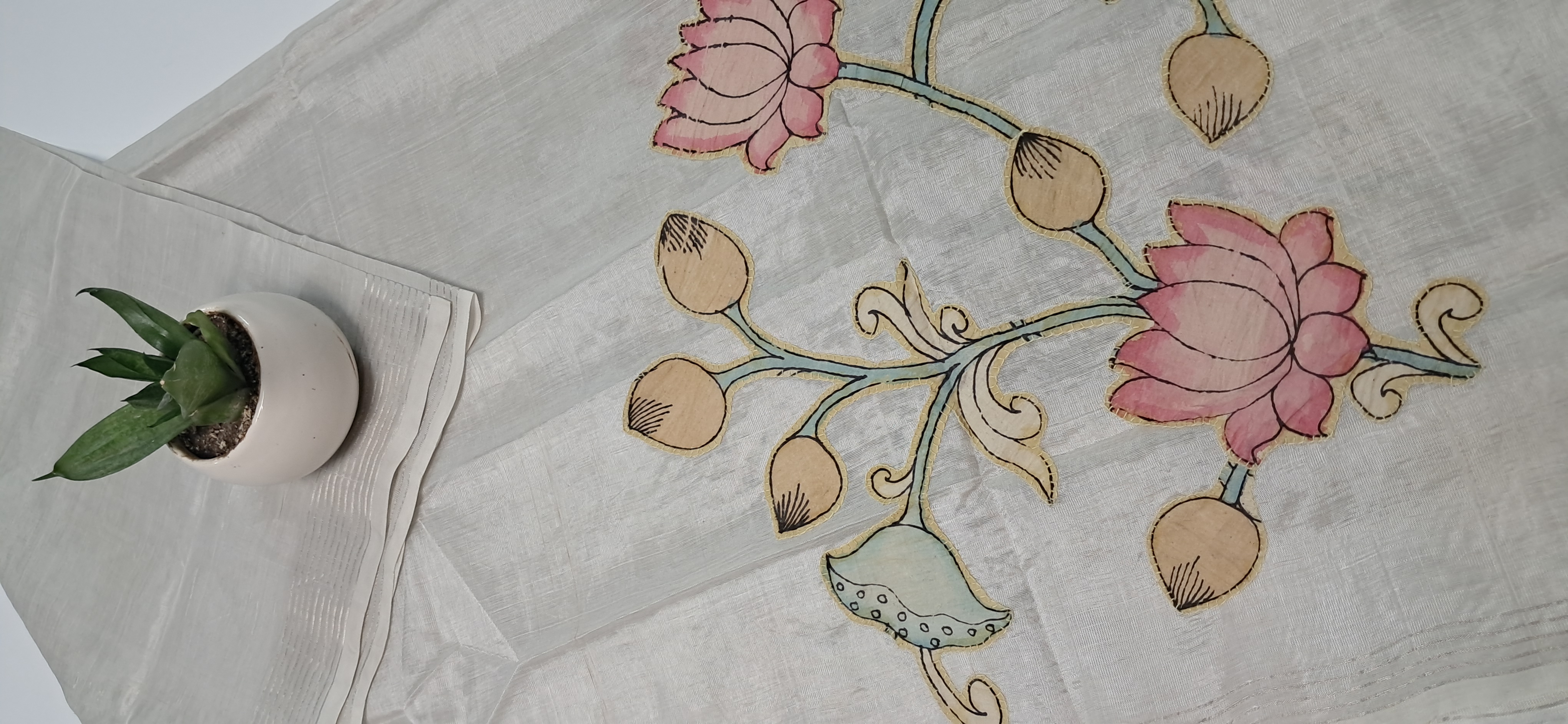 Hand Woven Penkalamkari Applique work Silk (Pattu) Duppata