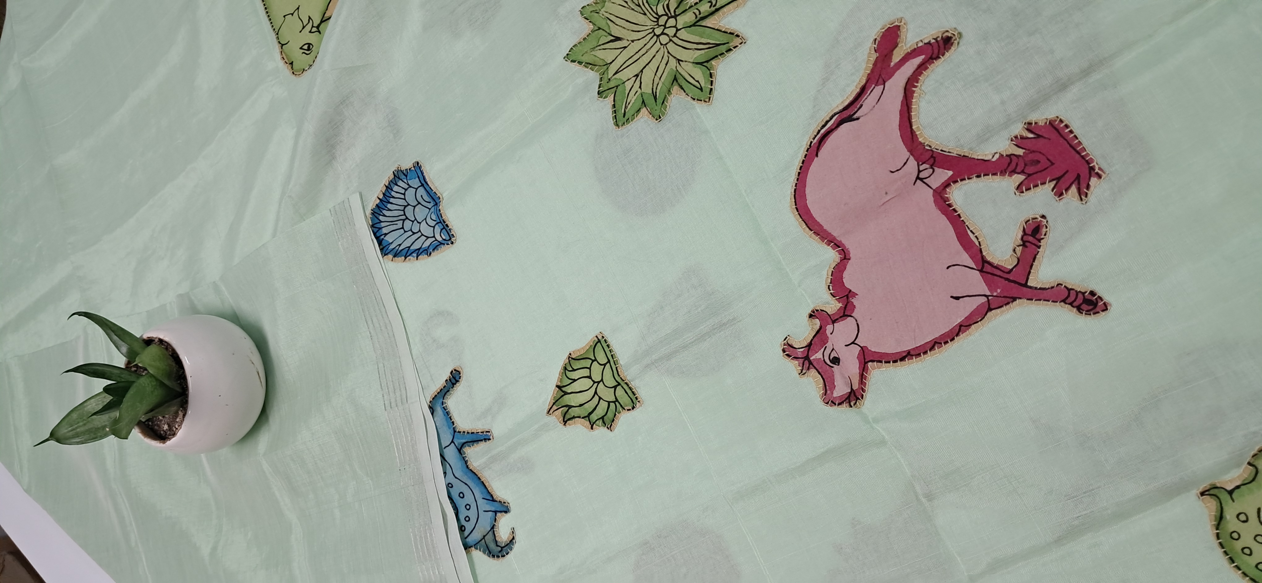 Hand Woven Penkalamkari Applique work Silk (Pattu) Duppata