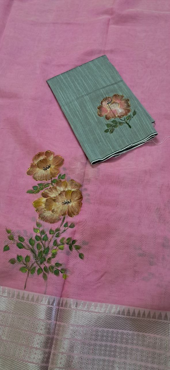 Hand Woven Hand Painted Silk (Pattu) Saree with Zari with Blouse