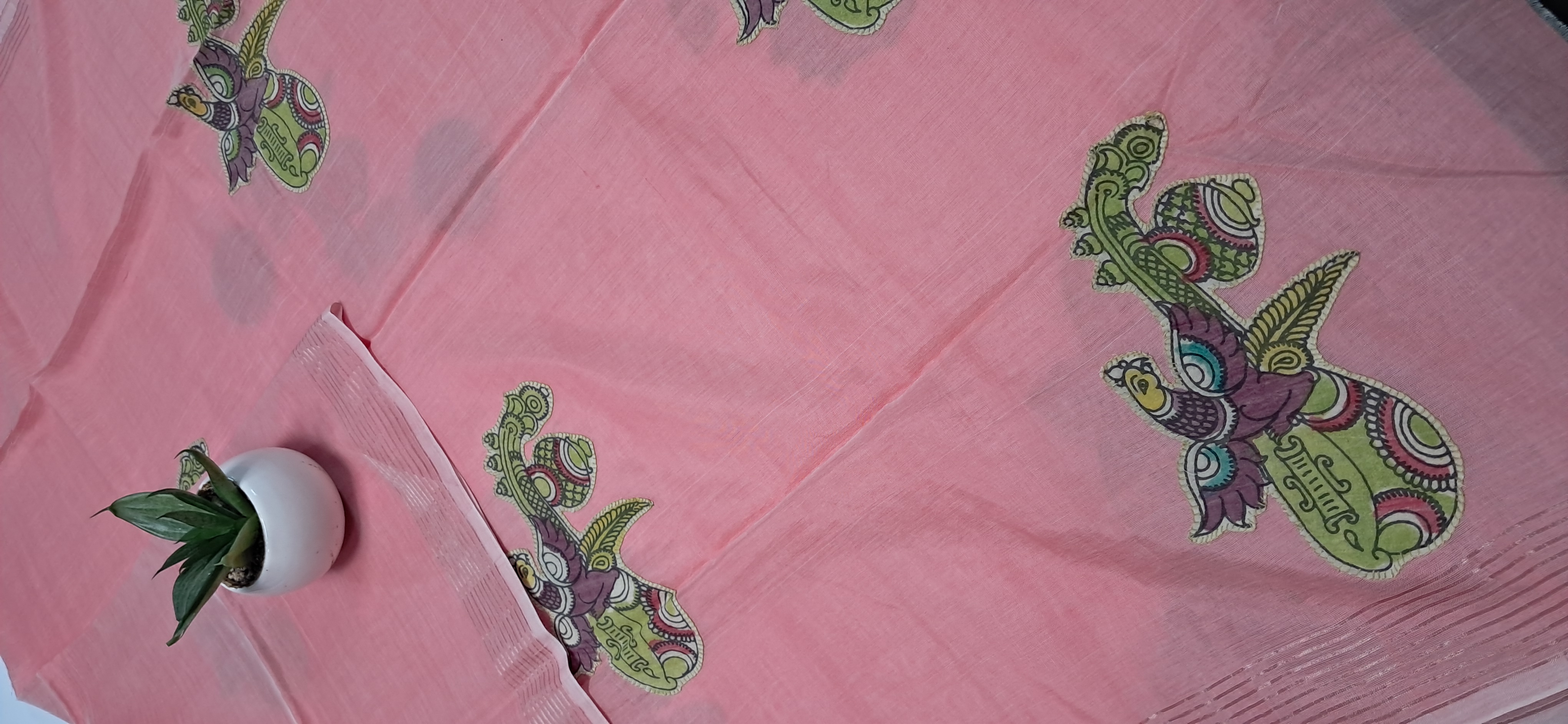 Hand Woven Penkalamkari Applique work Silk (Pattu) Duppata
