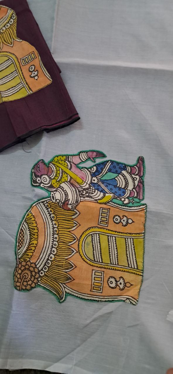 Hand Woven Penkalamkari Applique work Silk (Pattu) Saree with Blouse