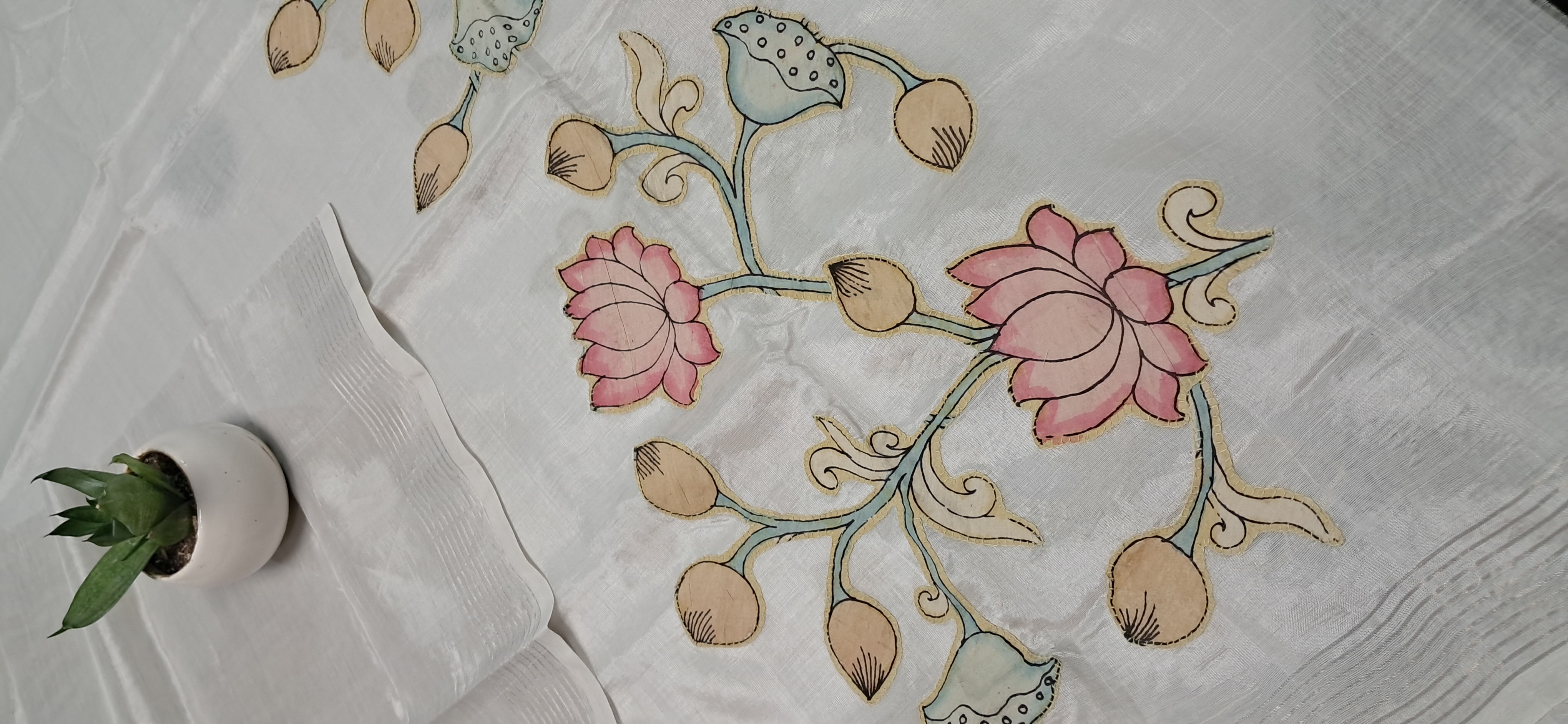 Hand Woven Penkalamkari Applique work Silk (Pattu) Duppata