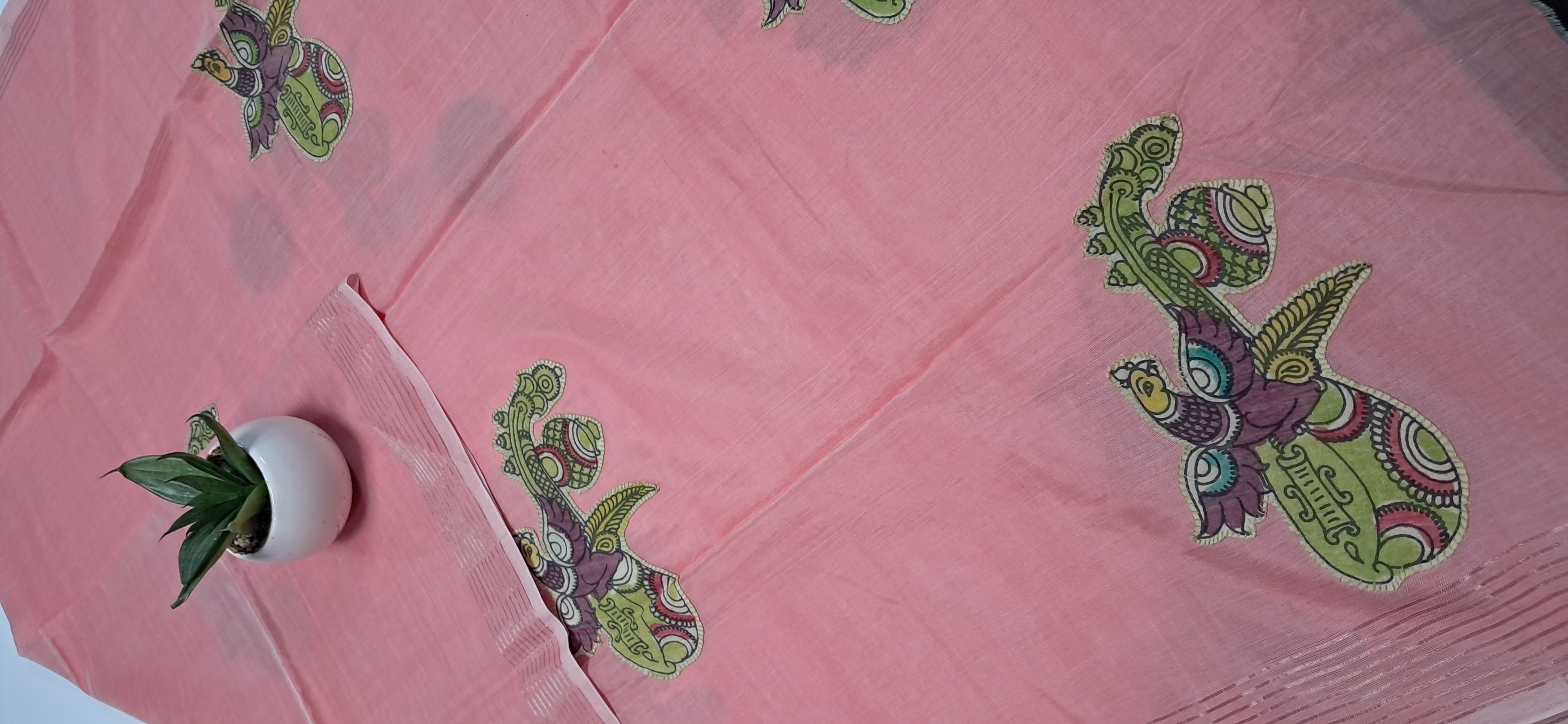 Hand Woven Penkalamkari Applique work Silk (Pattu) Duppata
