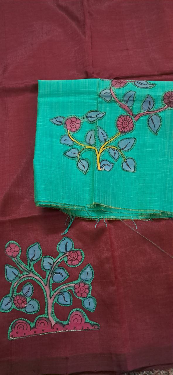 Hand Woven Penkalamkari Applique work Silk (Pattu) Saree with Blouse